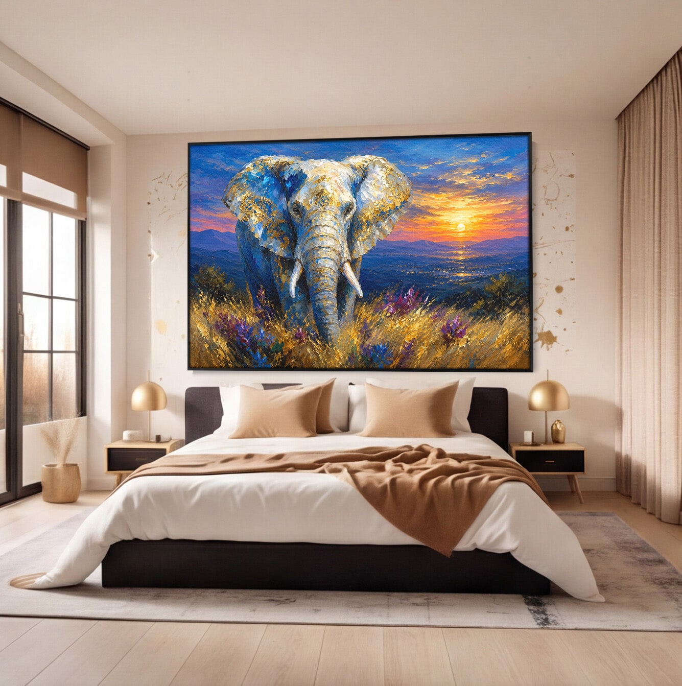 Tablou Canvas Premium LuxCanva® M1601, Elefantul La Apus, Elefant, Apus, Natura, Living, Peisaj, Culori Vibrante