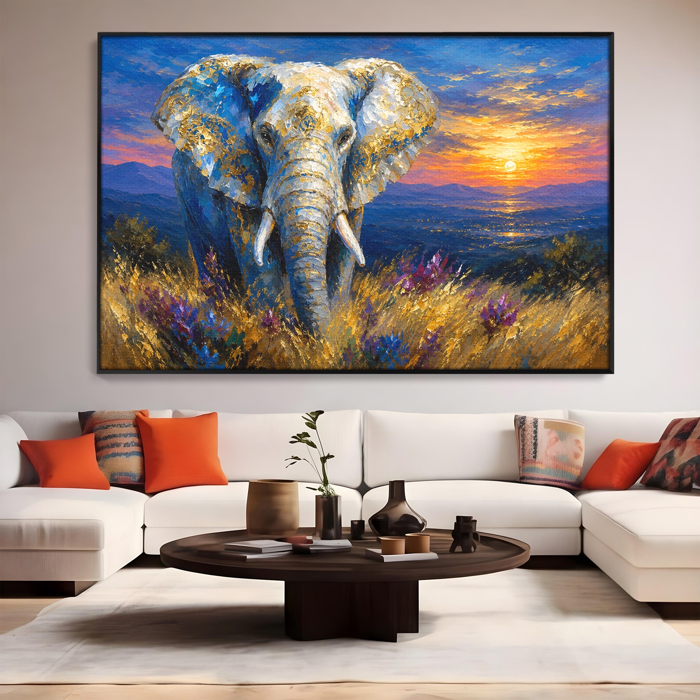 Tablou Canvas Premium LuxCanva® M1601, Elefantul La Apus, Elefant, Apus, Natura, Living, Peisaj, Culori Vibrante