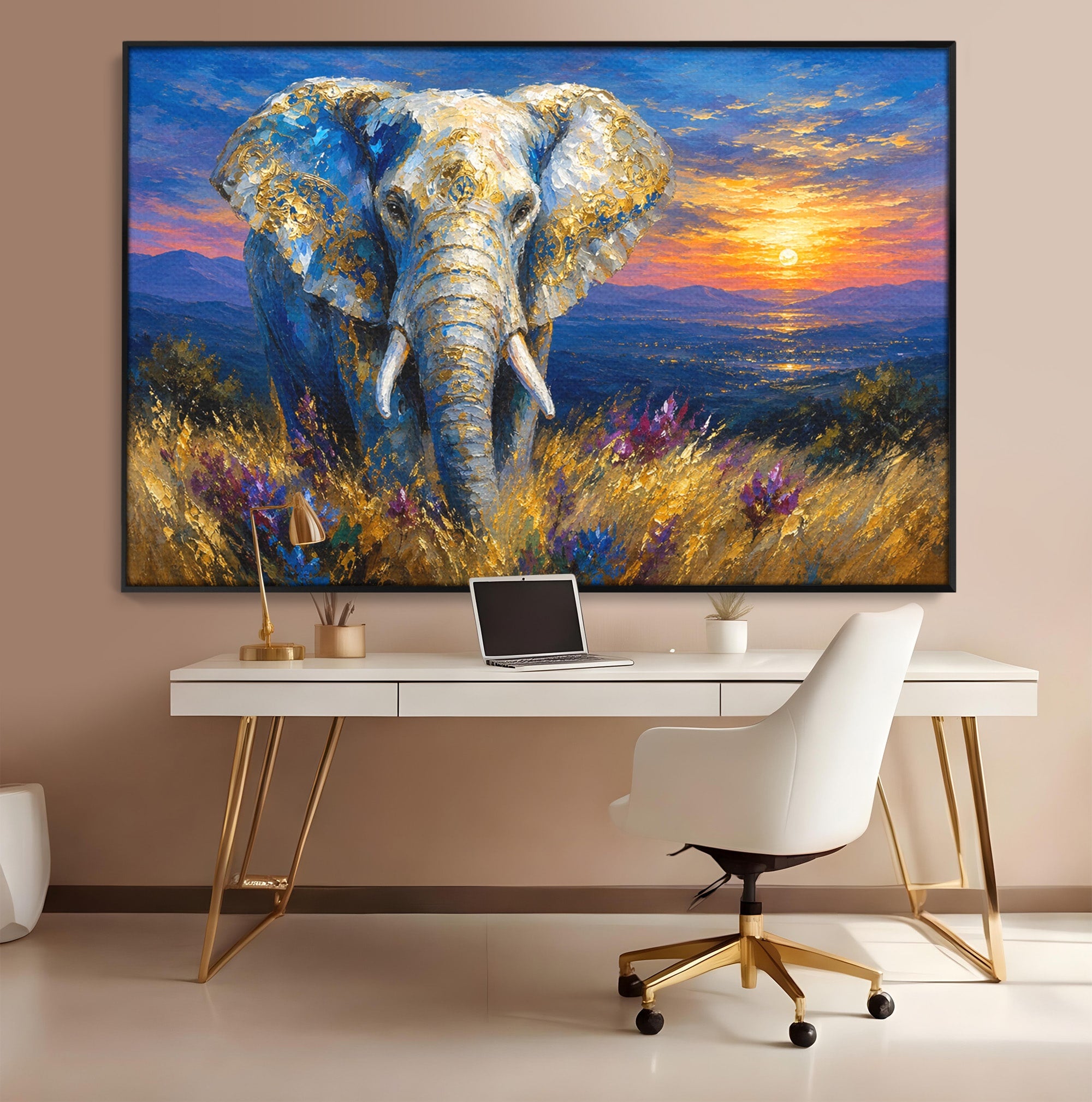 Tablou Canvas Premium LuxCanva® M1601, Elefantul La Apus, Elefant, Apus, Natura, Living, Peisaj, Culori Vibrante