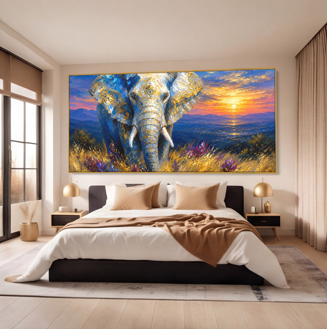 Tablou Canvas Premium LuxCanva® M1601, Elefantul La Apus, Elefant, Apus, Natura, Living, Peisaj, Culori Vibrante
