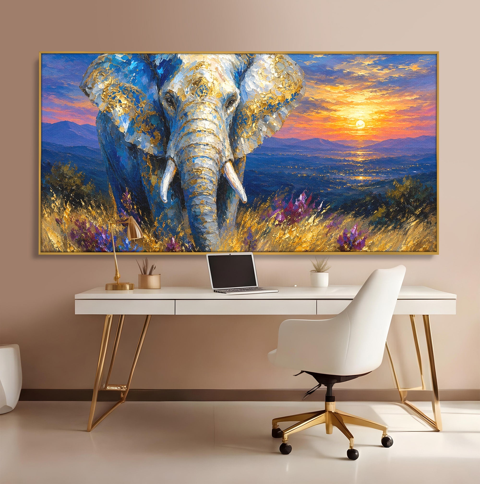 Tablou Canvas Premium LuxCanva® M1601, Elefantul La Apus, Elefant, Apus, Natura, Living, Peisaj, Culori Vibrante