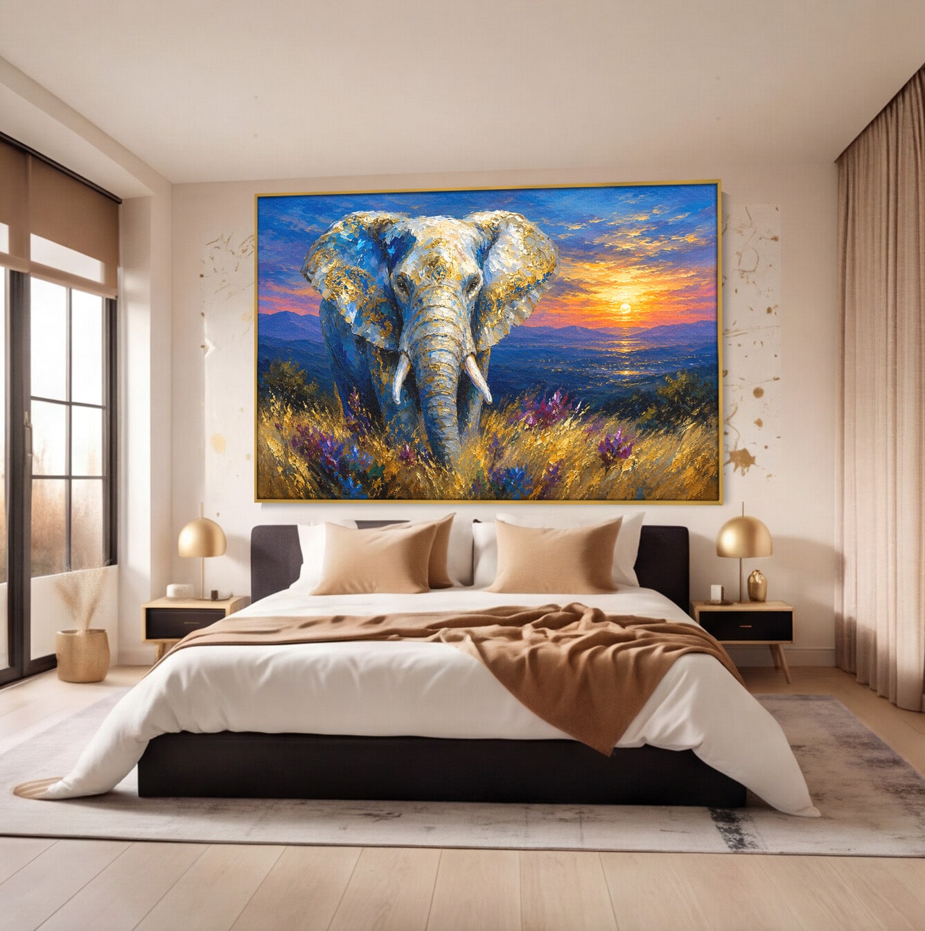 Tablou Canvas Premium LuxCanva® M1601, Elefantul La Apus, Elefant, Apus, Natura, Living, Peisaj, Culori Vibrante