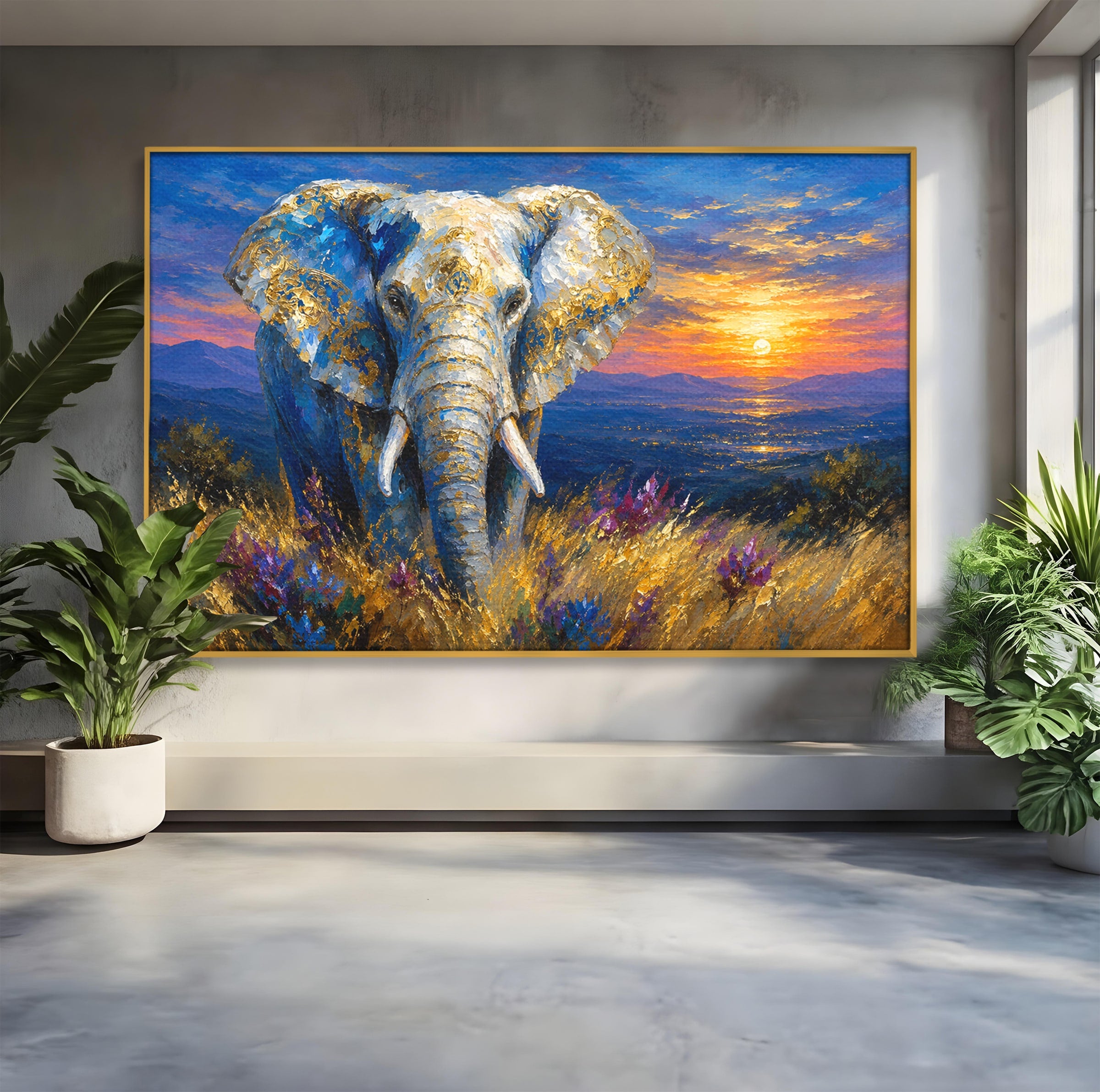 Tablou Canvas Premium LuxCanva® M1601, Elefantul La Apus, Elefant, Apus, Natura, Living, Peisaj, Culori Vibrante