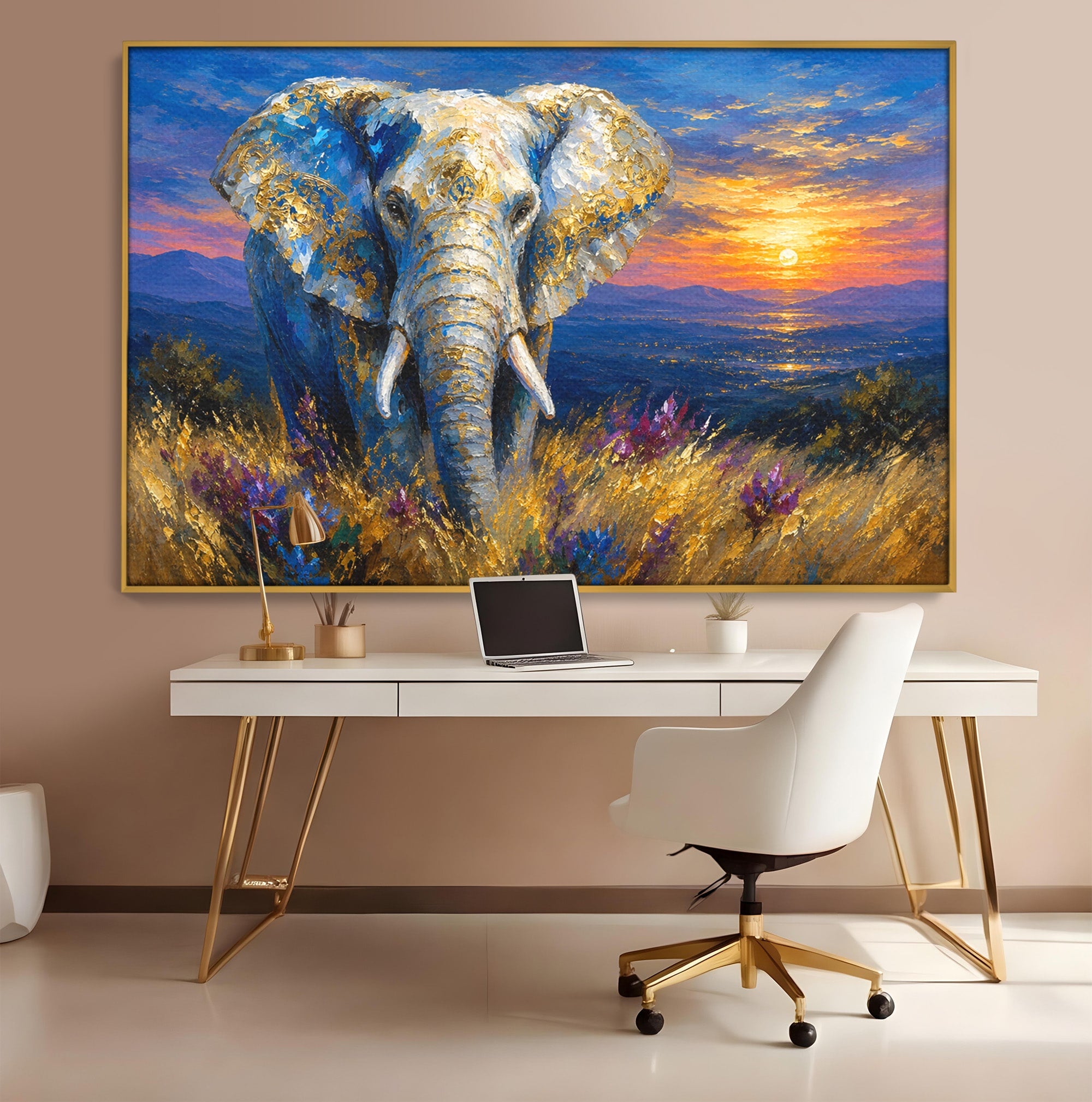 Tablou Canvas Premium LuxCanva® M1601, Elefantul La Apus, Elefant, Apus, Natura, Living, Peisaj, Culori Vibrante