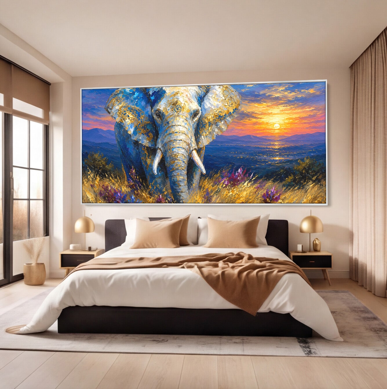 Tablou Canvas Premium LuxCanva® M1601, Elefantul La Apus, Elefant, Apus, Natura, Living, Peisaj, Culori Vibrante