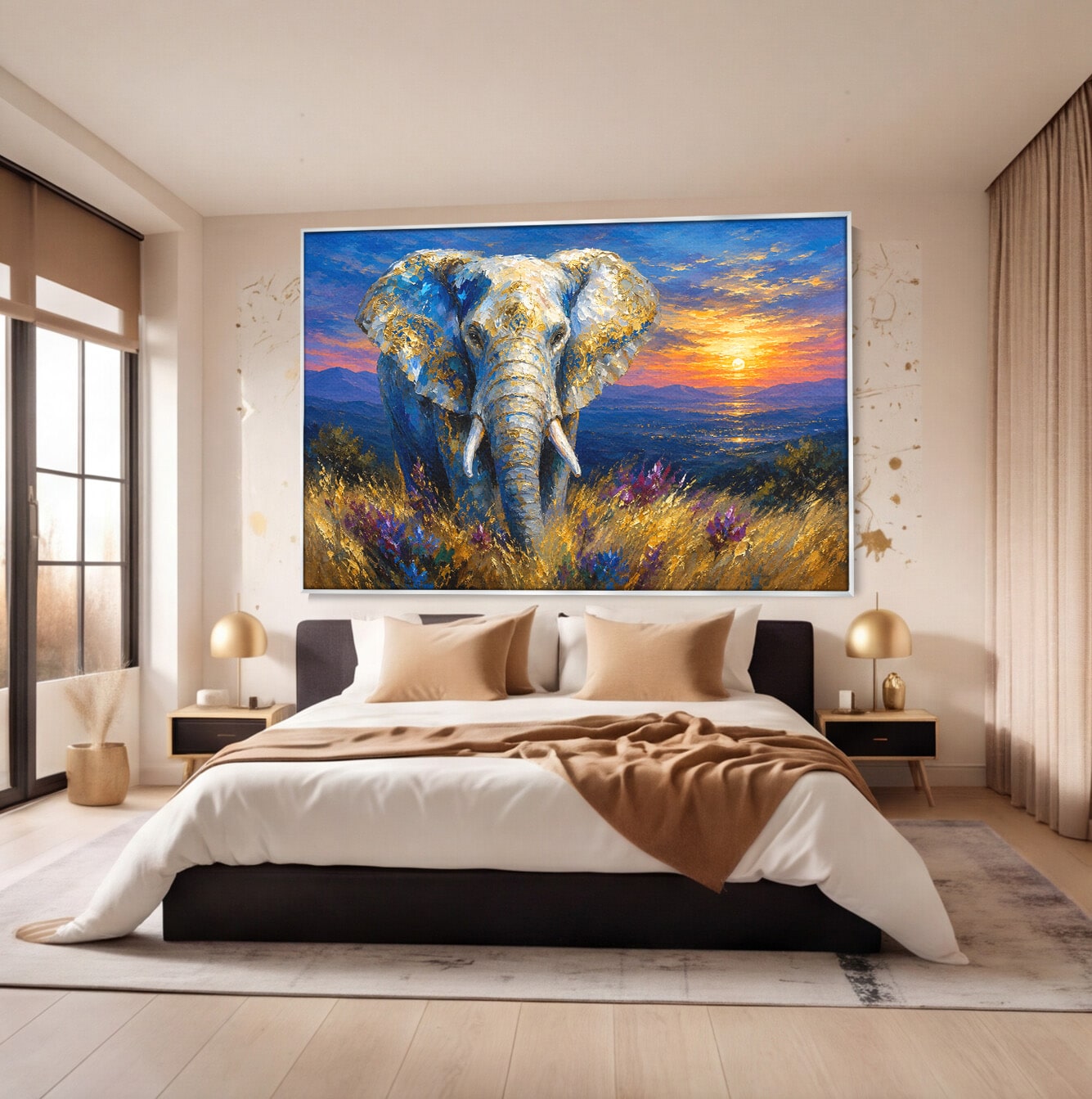 Tablou Canvas Premium LuxCanva® M1601, Elefantul La Apus, Elefant, Apus, Natura, Living, Peisaj, Culori Vibrante