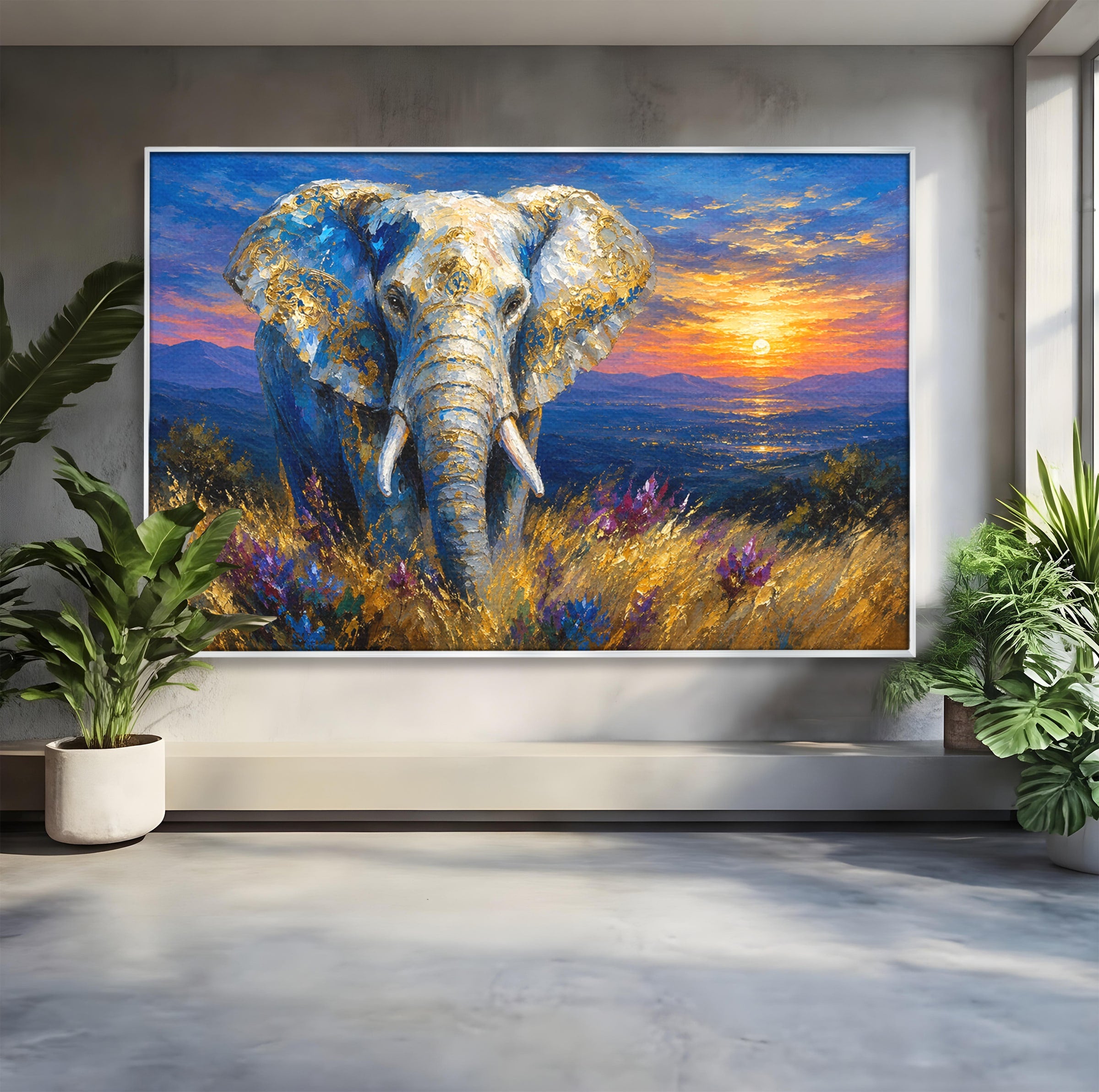 Tablou Canvas Premium LuxCanva® M1601, Elefantul La Apus, Elefant, Apus, Natura, Living, Peisaj, Culori Vibrante