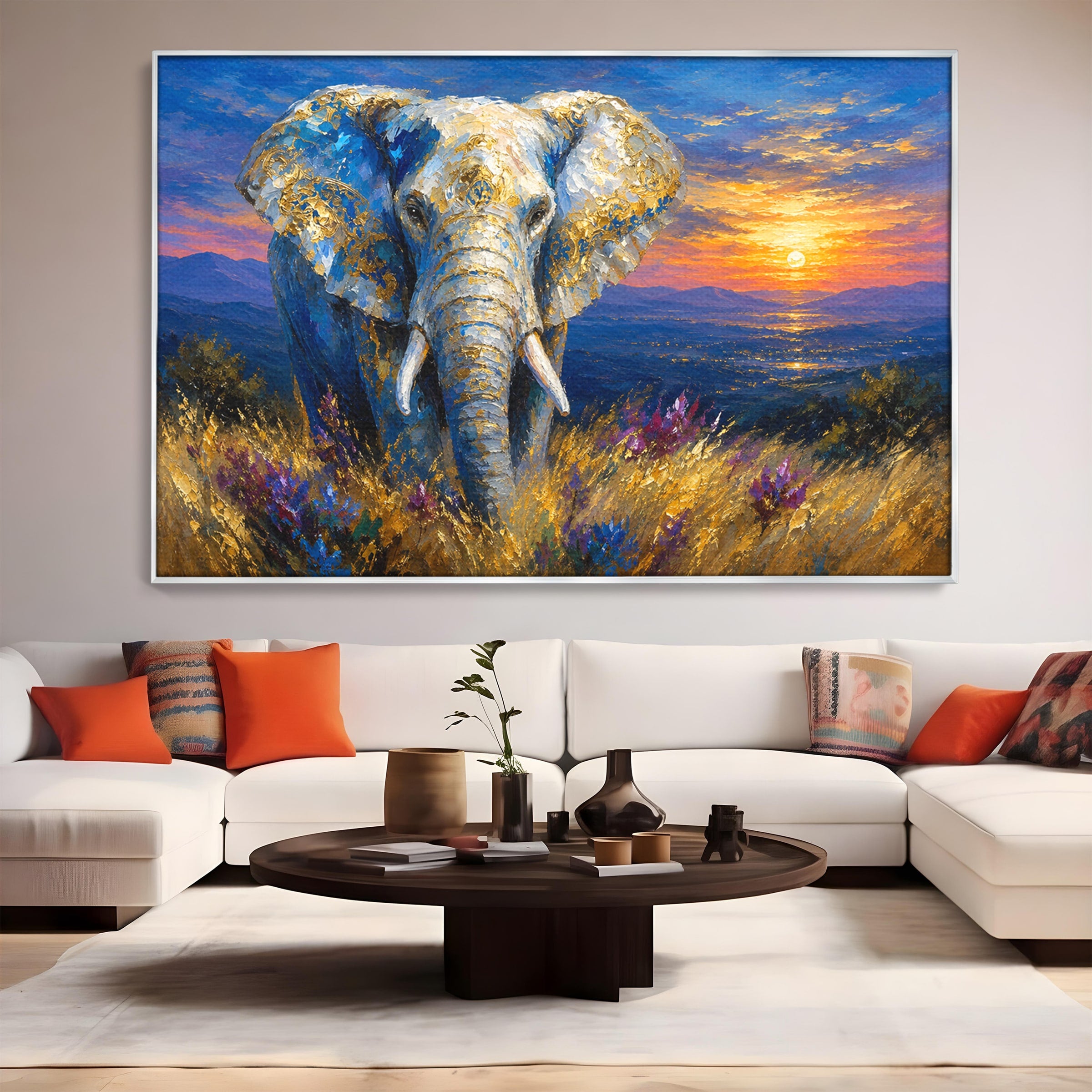 Tablou Canvas Premium LuxCanva® M1601, Elefantul La Apus, Elefant, Apus, Natura, Living, Peisaj, Culori Vibrante
