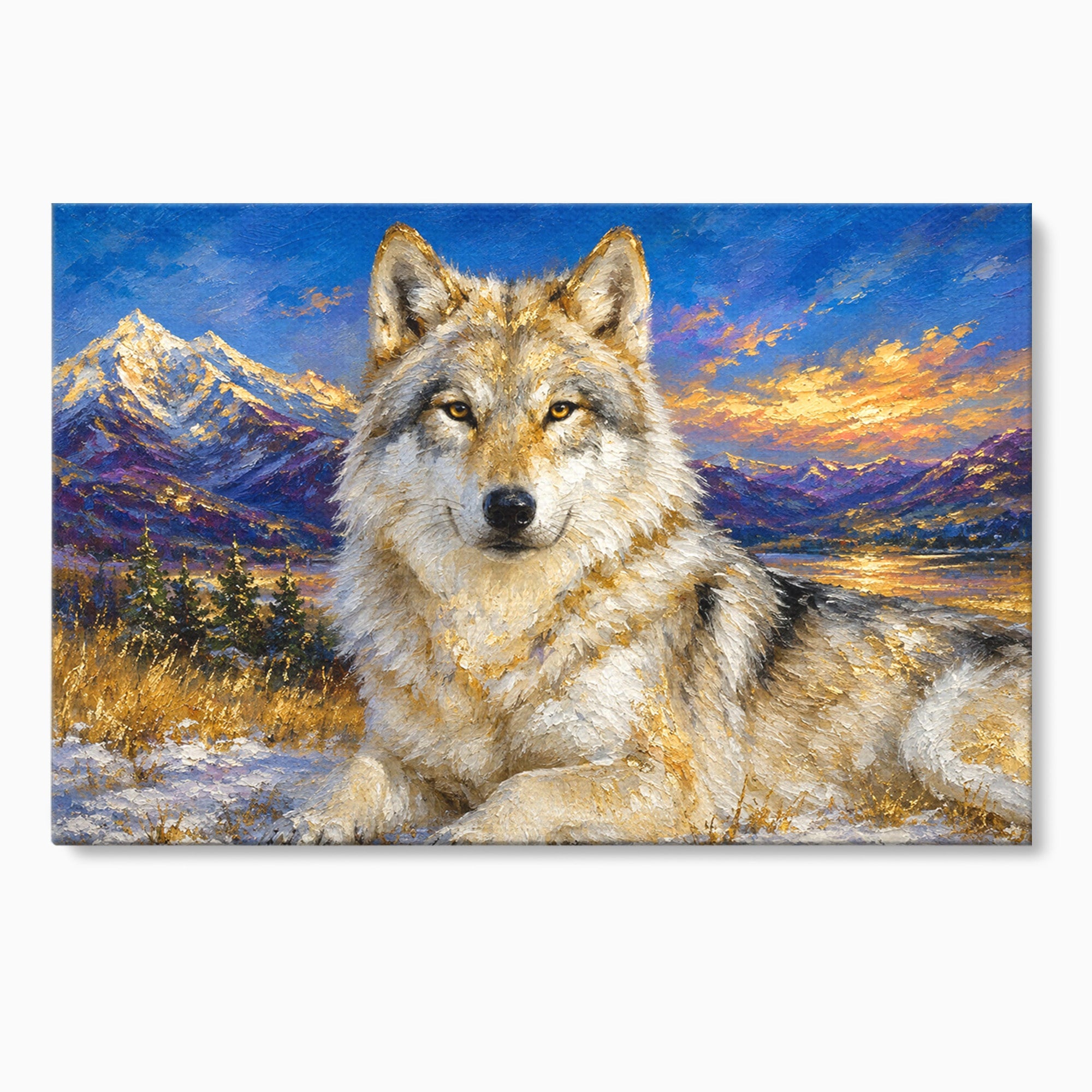 Tablou Canvas Premium LuxCanva® M1602, Lupul In Munti, Lup, Munti, Apus, Natura, Living, Culori Vibrante