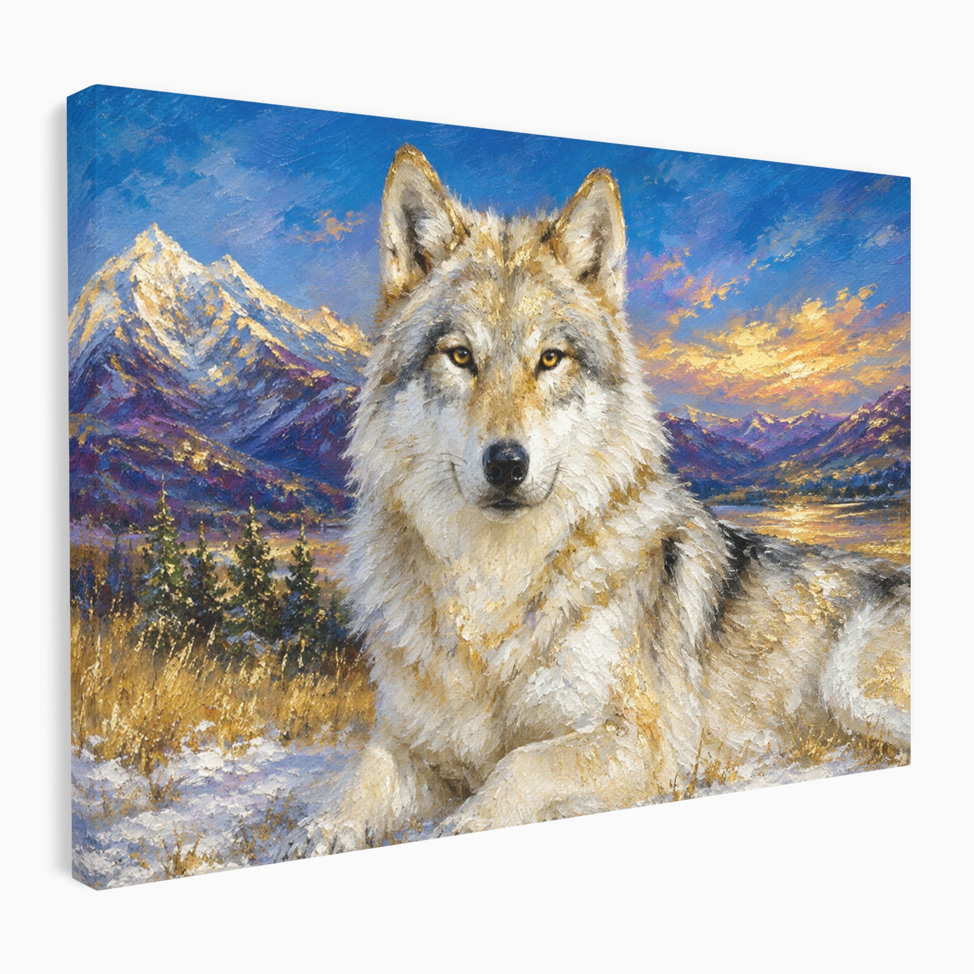 Tablou Canvas Premium LuxCanva® M1602, Lupul In Munti, Lup, Munti, Apus, Natura, Living, Culori Vibrante