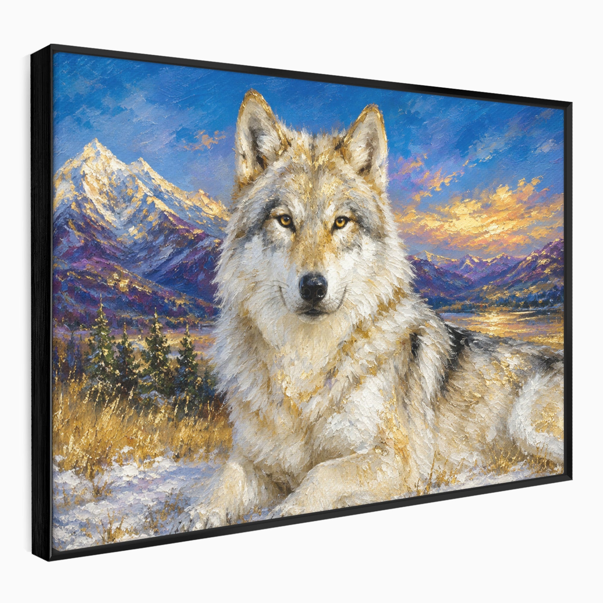 Tablou Canvas Premium LuxCanva® M1602, Lupul In Munti, Lup, Munti, Apus, Natura, Living, Culori Vibrante