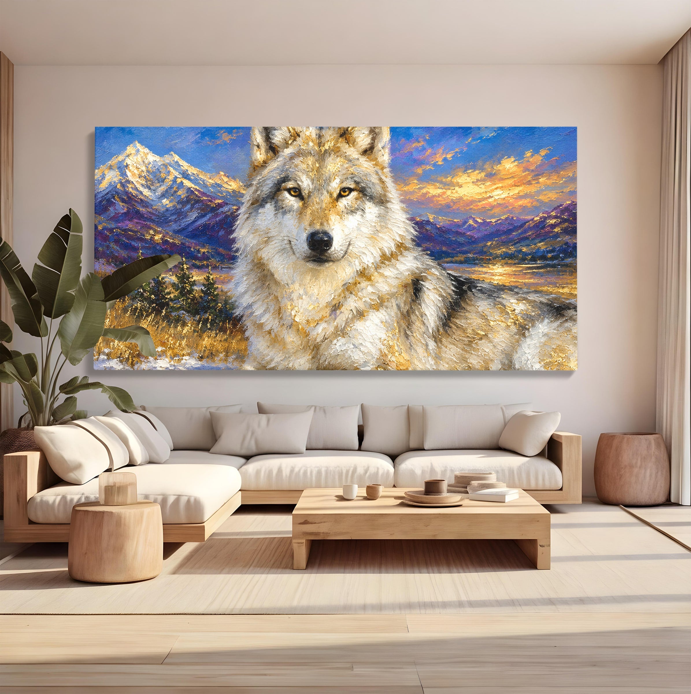 Tablou Canvas Premium LuxCanva® M1602, Lupul In Munti, Lup, Munti, Apus, Natura, Living, Culori Vibrante