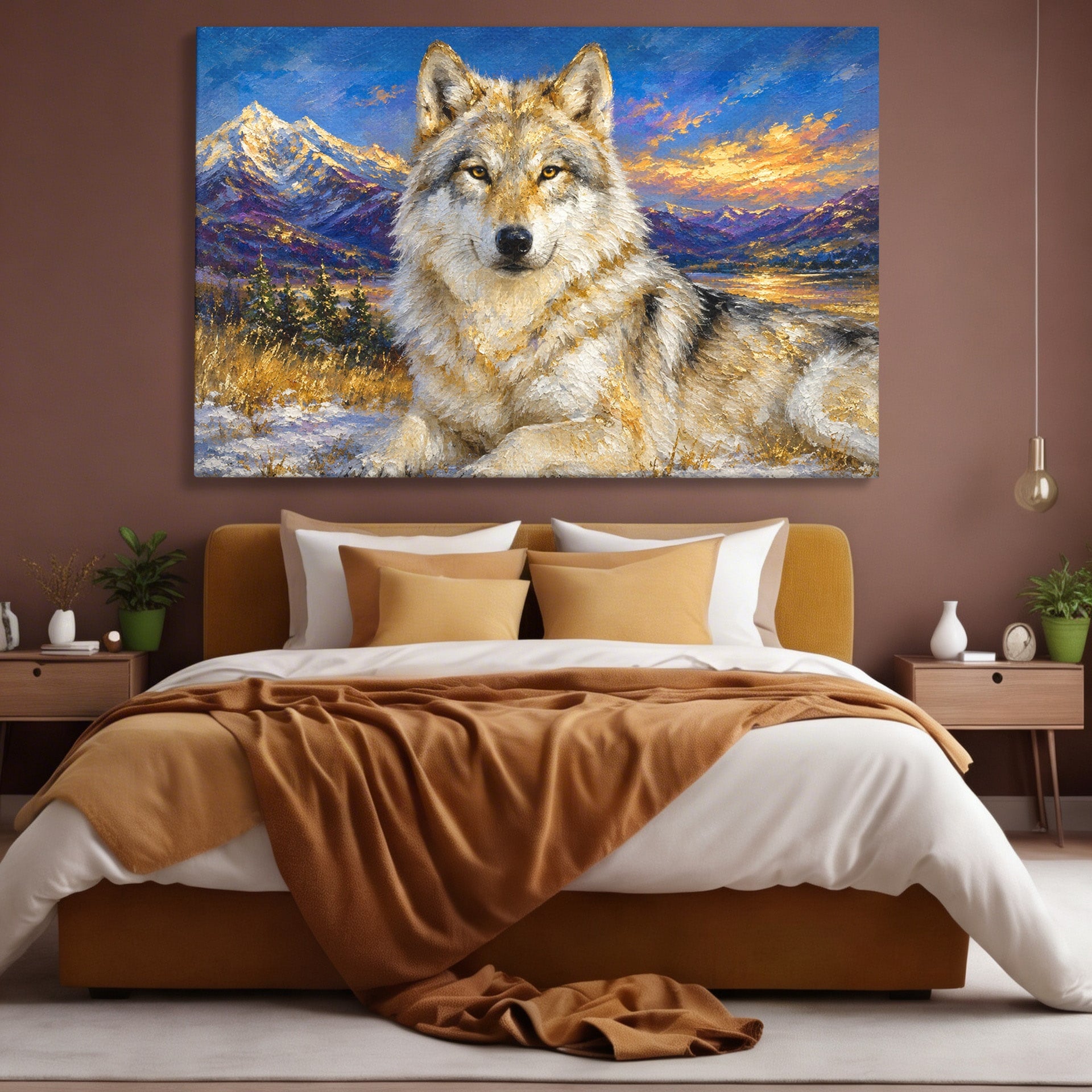 Tablou Canvas Premium LuxCanva® M1602, Lupul In Munti, Lup, Munti, Apus, Natura, Living, Culori Vibrante