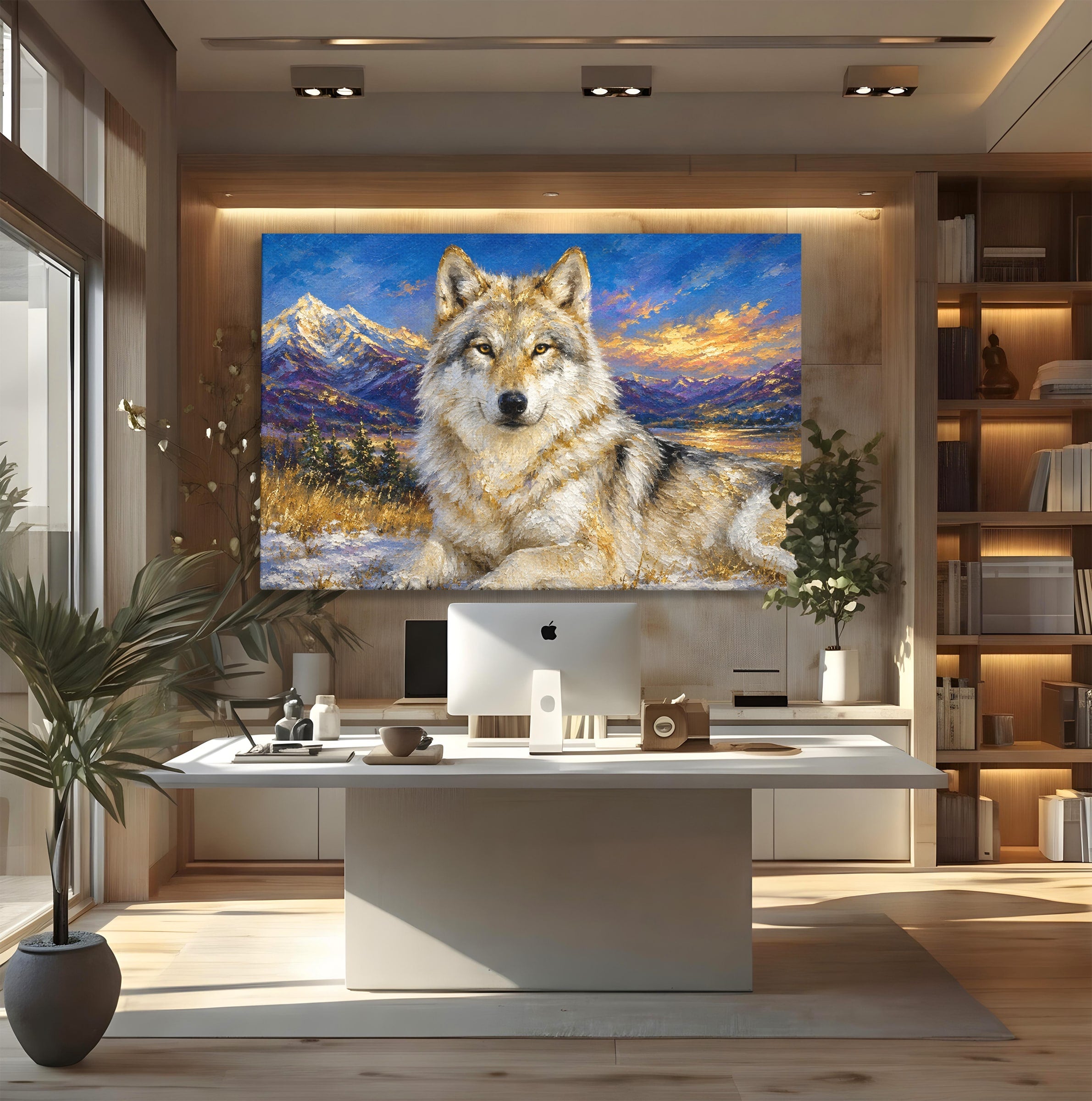 Tablou Canvas Premium LuxCanva® M1602, Lupul In Munti, Lup, Munti, Apus, Natura, Living, Culori Vibrante