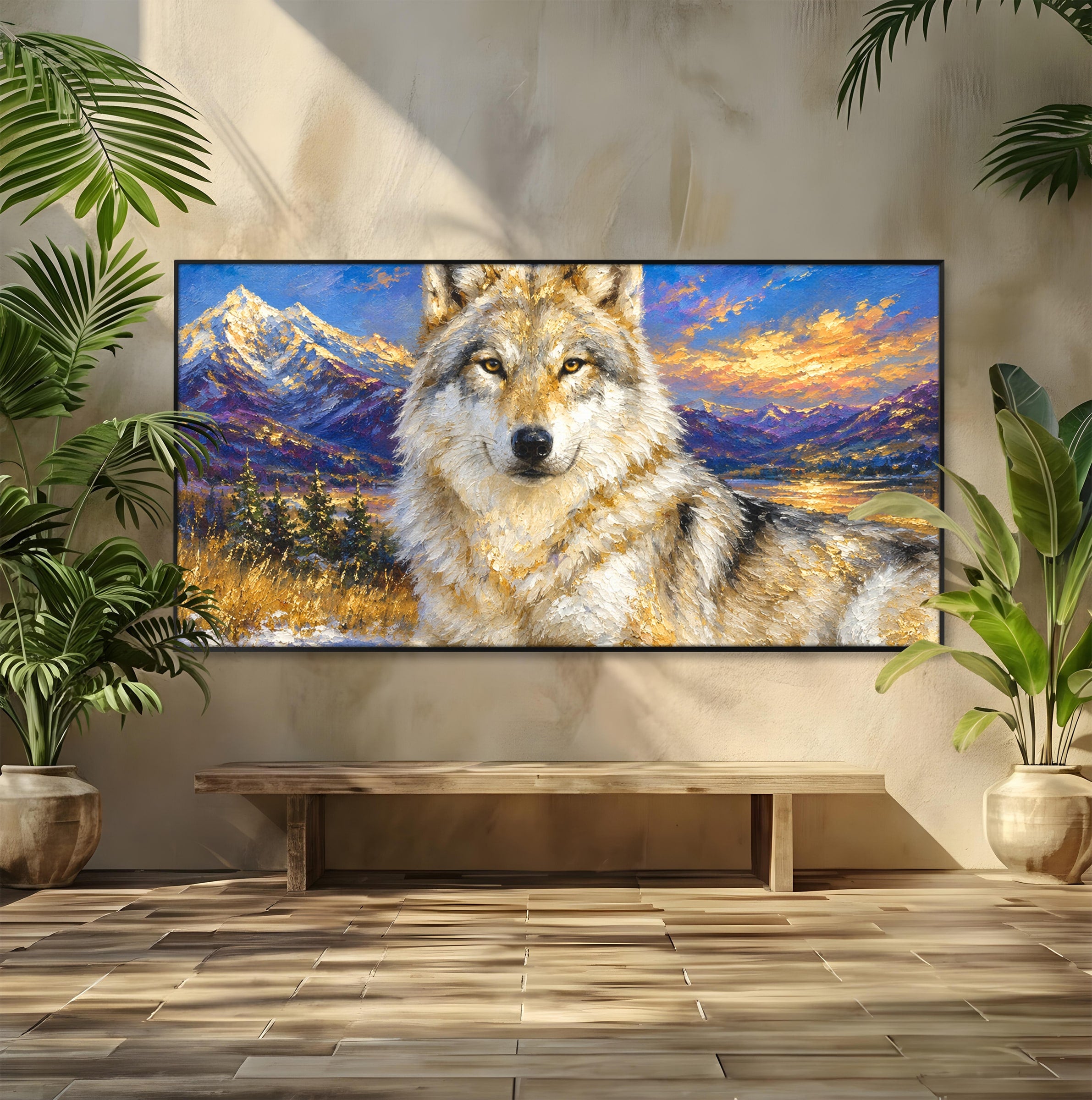 Tablou Canvas Premium LuxCanva® M1602, Lupul In Munti, Lup, Munti, Apus, Natura, Living, Culori Vibrante