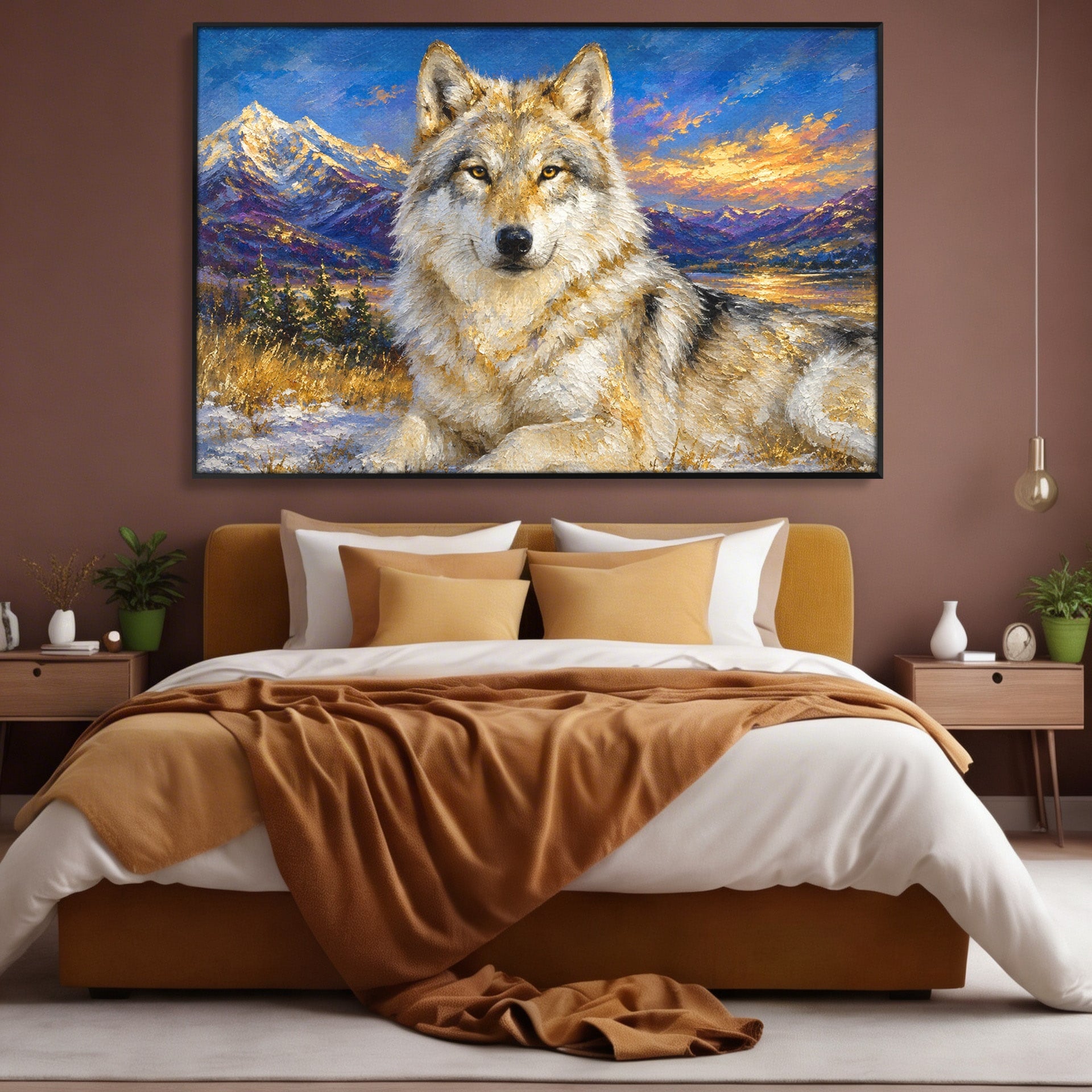 Tablou Canvas Premium LuxCanva® M1602, Lupul In Munti, Lup, Munti, Apus, Natura, Living, Culori Vibrante