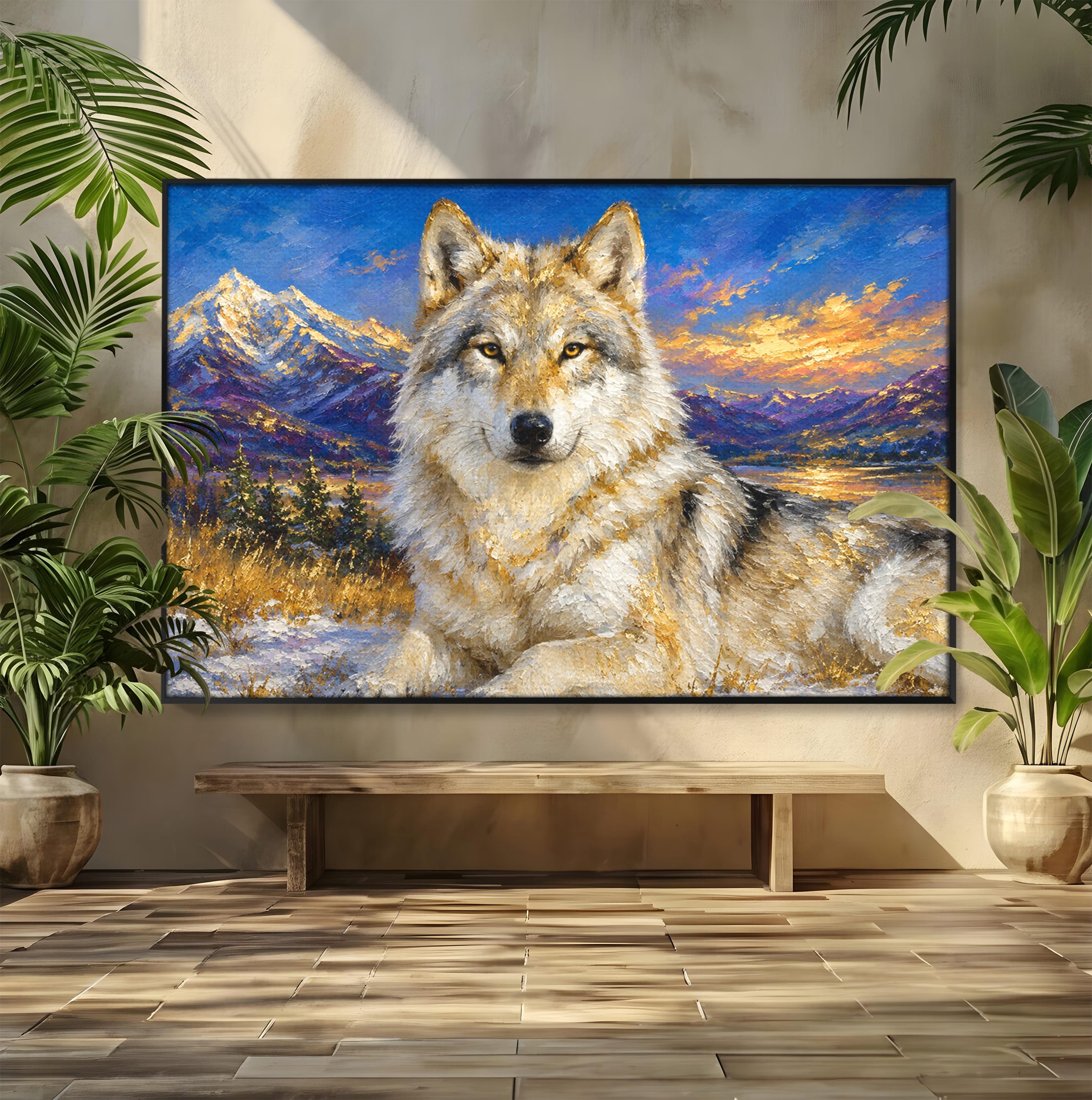 Tablou Canvas Premium LuxCanva® M1602, Lupul In Munti, Lup, Munti, Apus, Natura, Living, Culori Vibrante