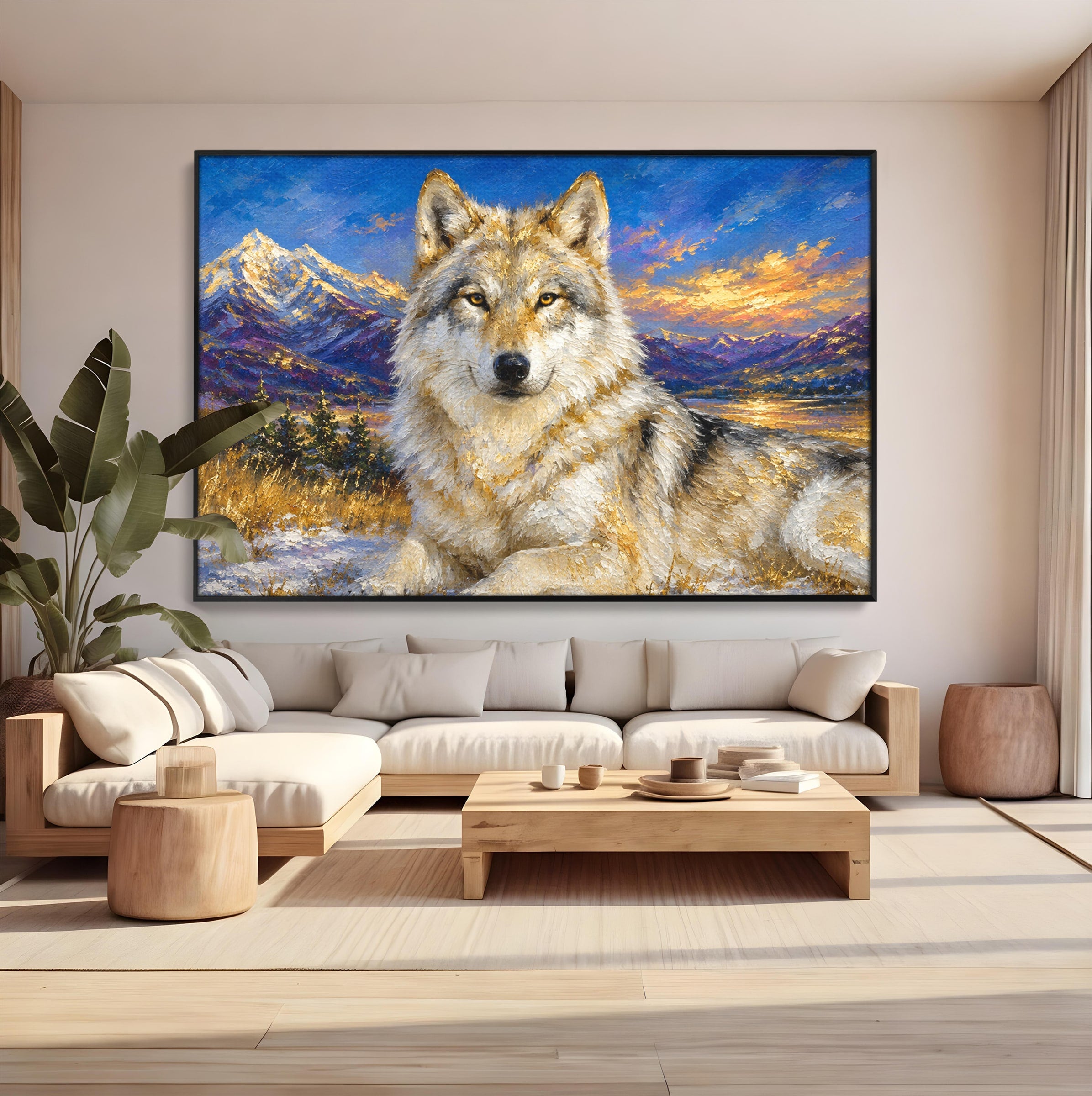Tablou Canvas Premium LuxCanva® M1602, Lupul In Munti, Lup, Munti, Apus, Natura, Living, Culori Vibrante