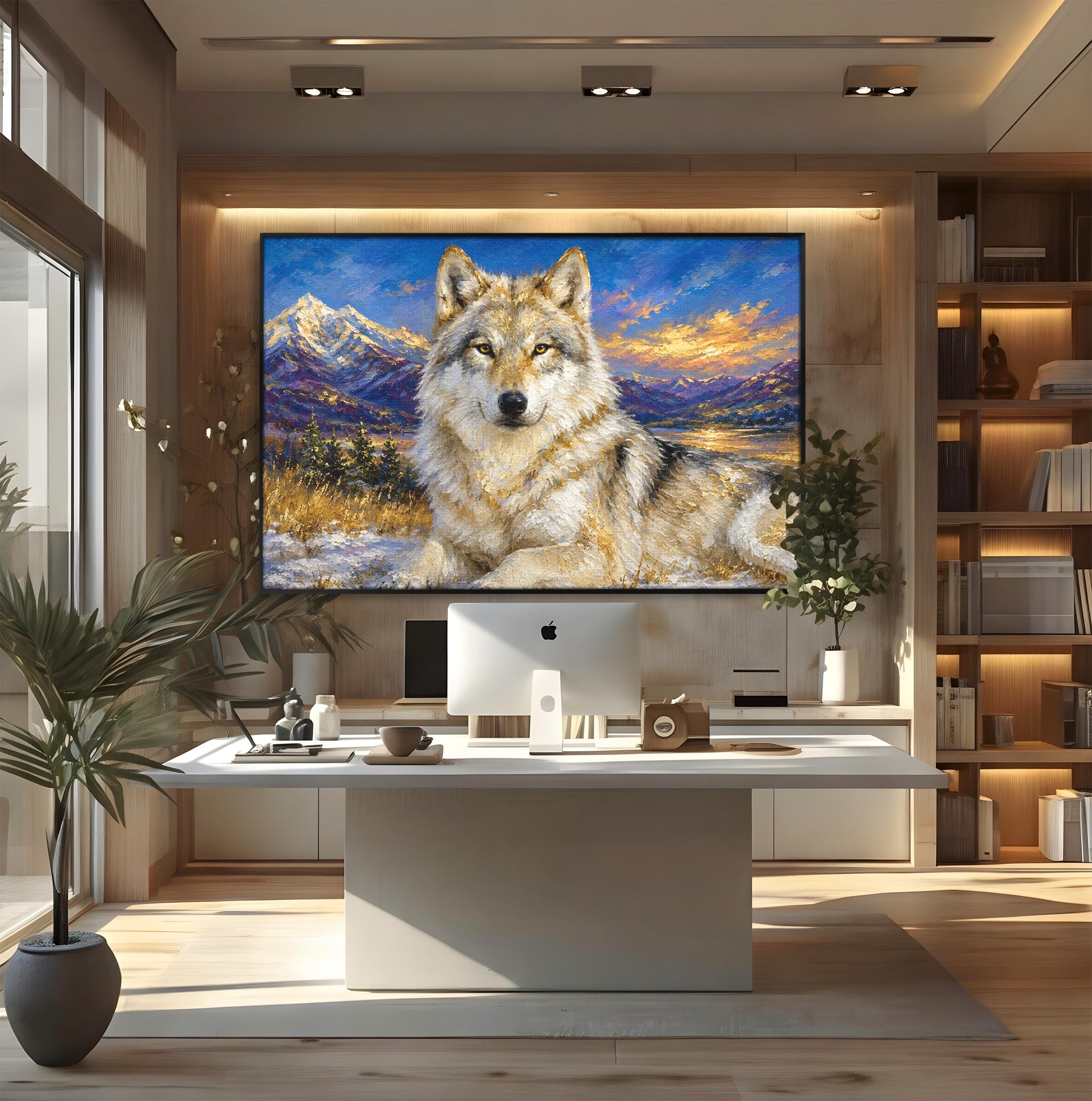 Tablou Canvas Premium LuxCanva® M1602, Lupul In Munti, Lup, Munti, Apus, Natura, Living, Culori Vibrante