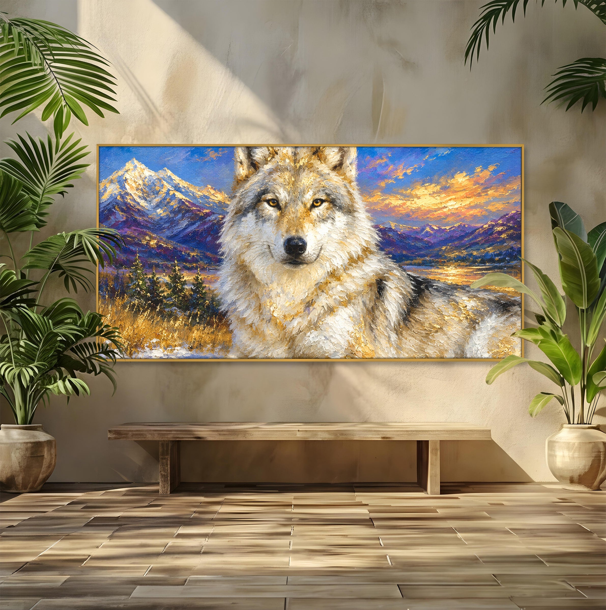 Tablou Canvas Premium LuxCanva® M1602, Lupul In Munti, Lup, Munti, Apus, Natura, Living, Culori Vibrante
