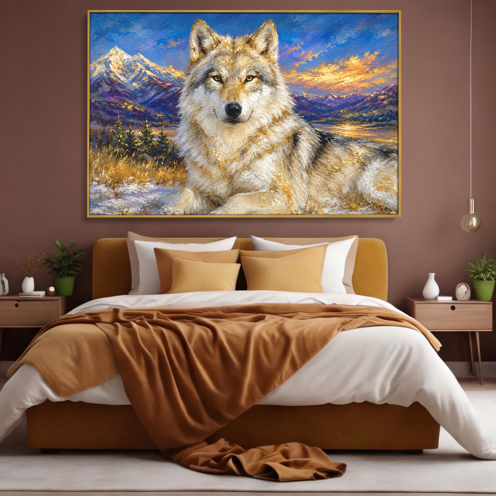 Tablou Canvas Premium LuxCanva® M1602, Lupul In Munti, Lup, Munti, Apus, Natura, Living, Culori Vibrante