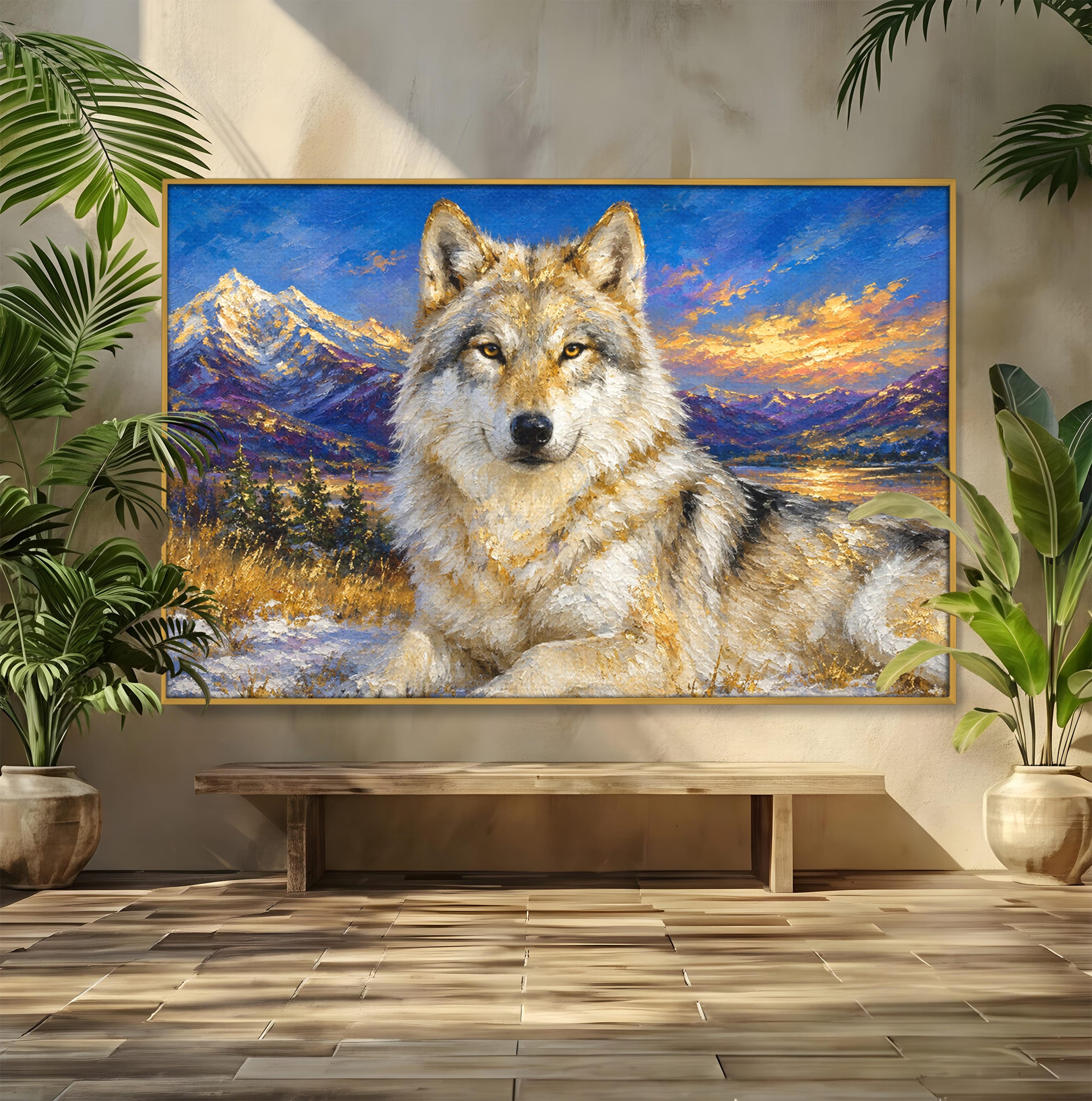 Tablou Canvas Premium LuxCanva® M1602, Lupul In Munti, Lup, Munti, Apus, Natura, Living, Culori Vibrante