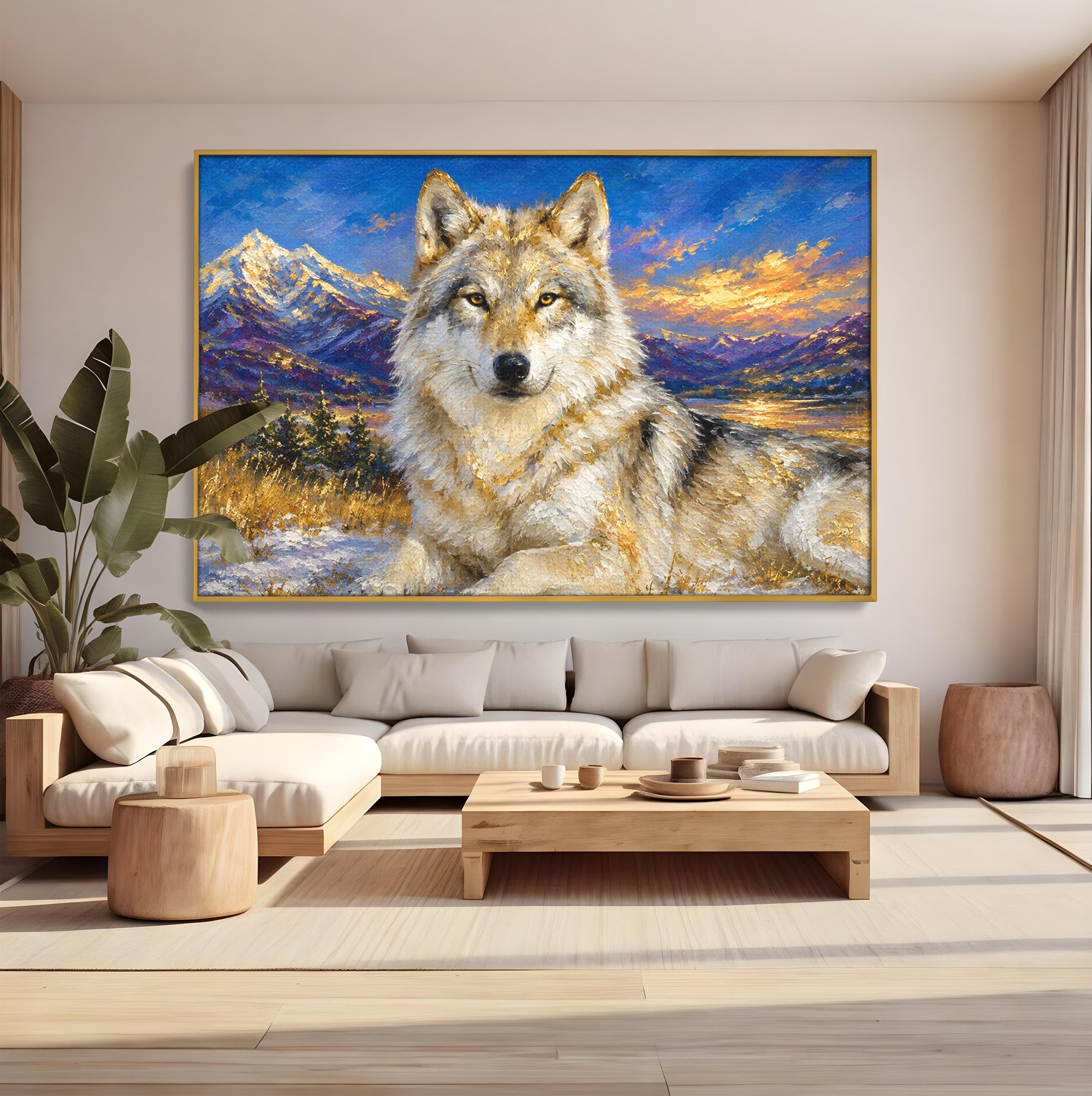 Tablou Canvas Premium LuxCanva® M1602, Lupul In Munti, Lup, Munti, Apus, Natura, Living, Culori Vibrante