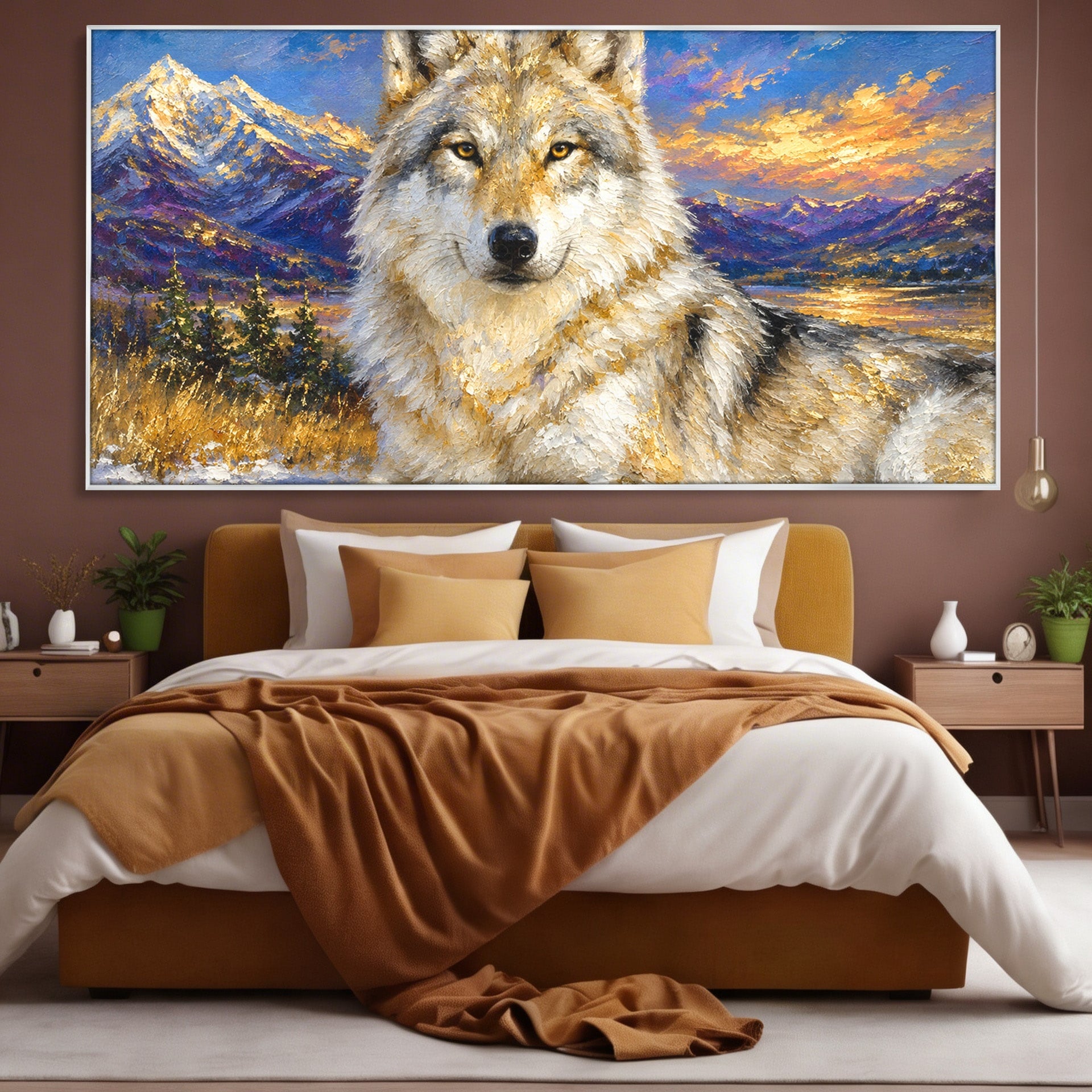 Tablou Canvas Premium LuxCanva® M1602, Lupul In Munti, Lup, Munti, Apus, Natura, Living, Culori Vibrante