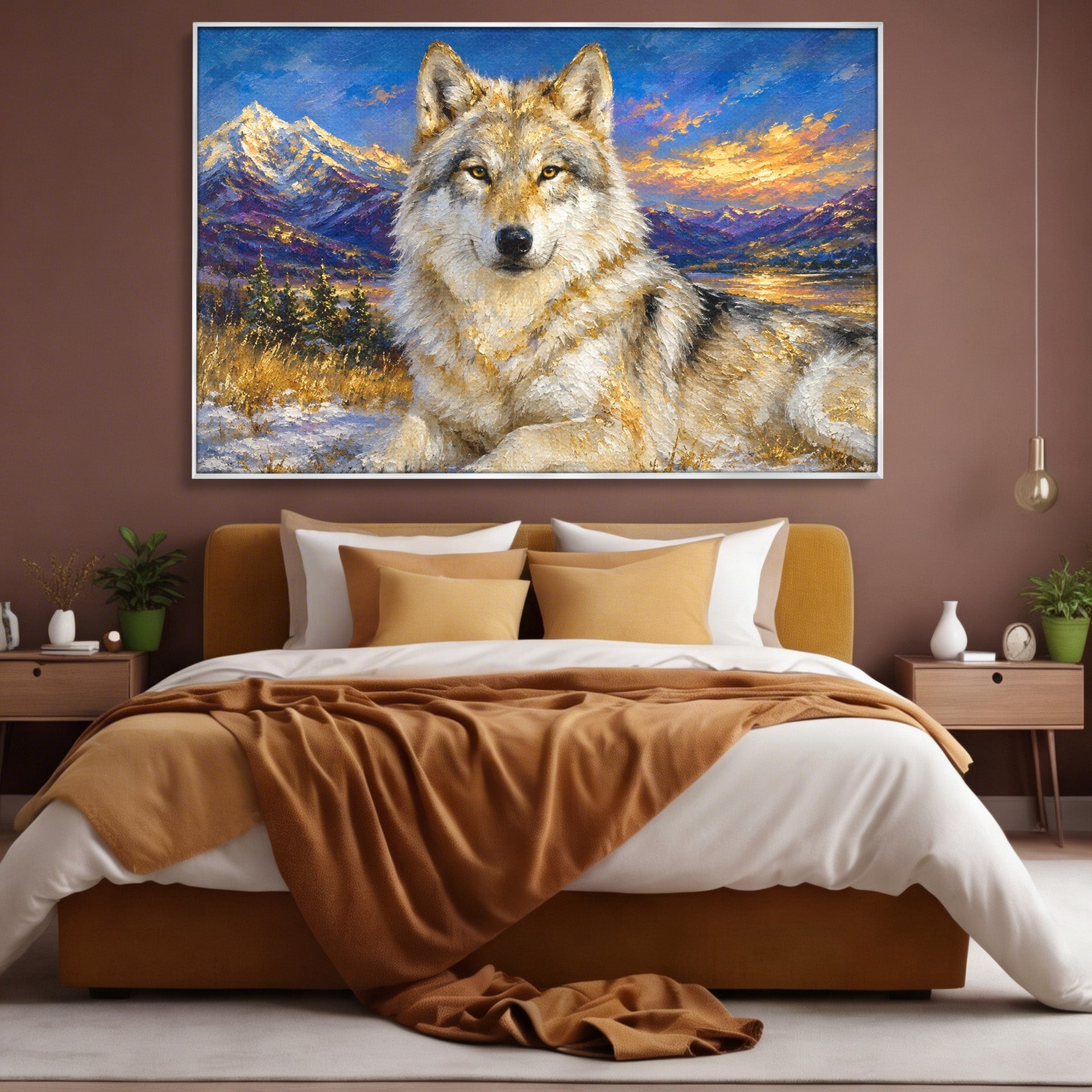 Tablou Canvas Premium LuxCanva® M1602, Lupul In Munti, Lup, Munti, Apus, Natura, Living, Culori Vibrante
