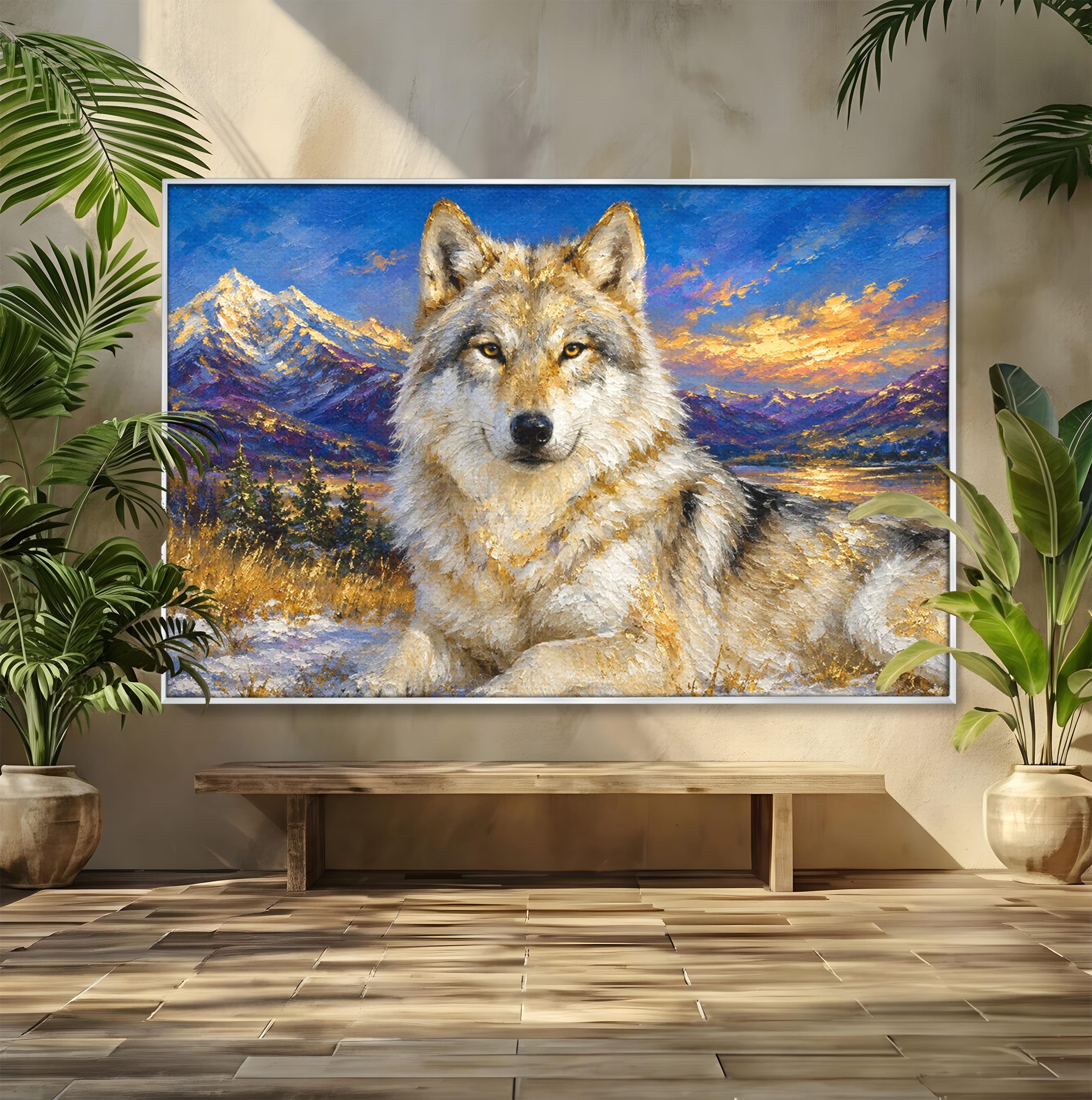 Tablou Canvas Premium LuxCanva® M1602, Lupul In Munti, Lup, Munti, Apus, Natura, Living, Culori Vibrante