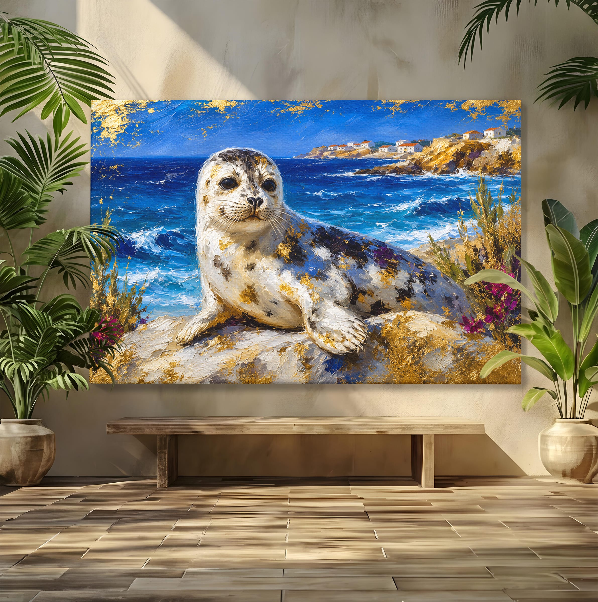 Tablou Canvas Premium LuxCanva® M1605, Foca Pe Tarm, Foca, Mare, Peisaj, Animale, Living, Culori Vibrante