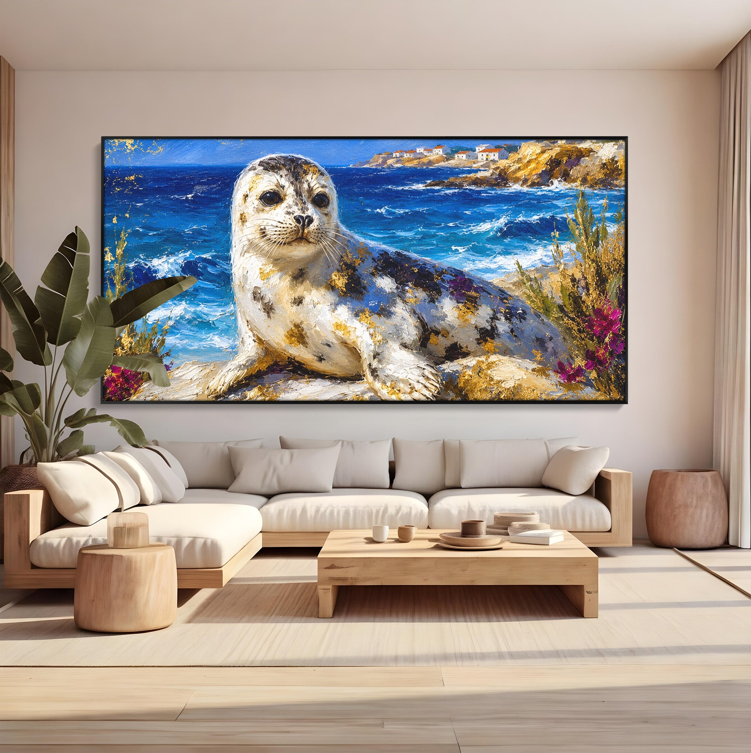 Tablou Canvas Premium LuxCanva® M1605, Foca Pe Tarm, Foca, Mare, Peisaj, Animale, Living, Culori Vibrante