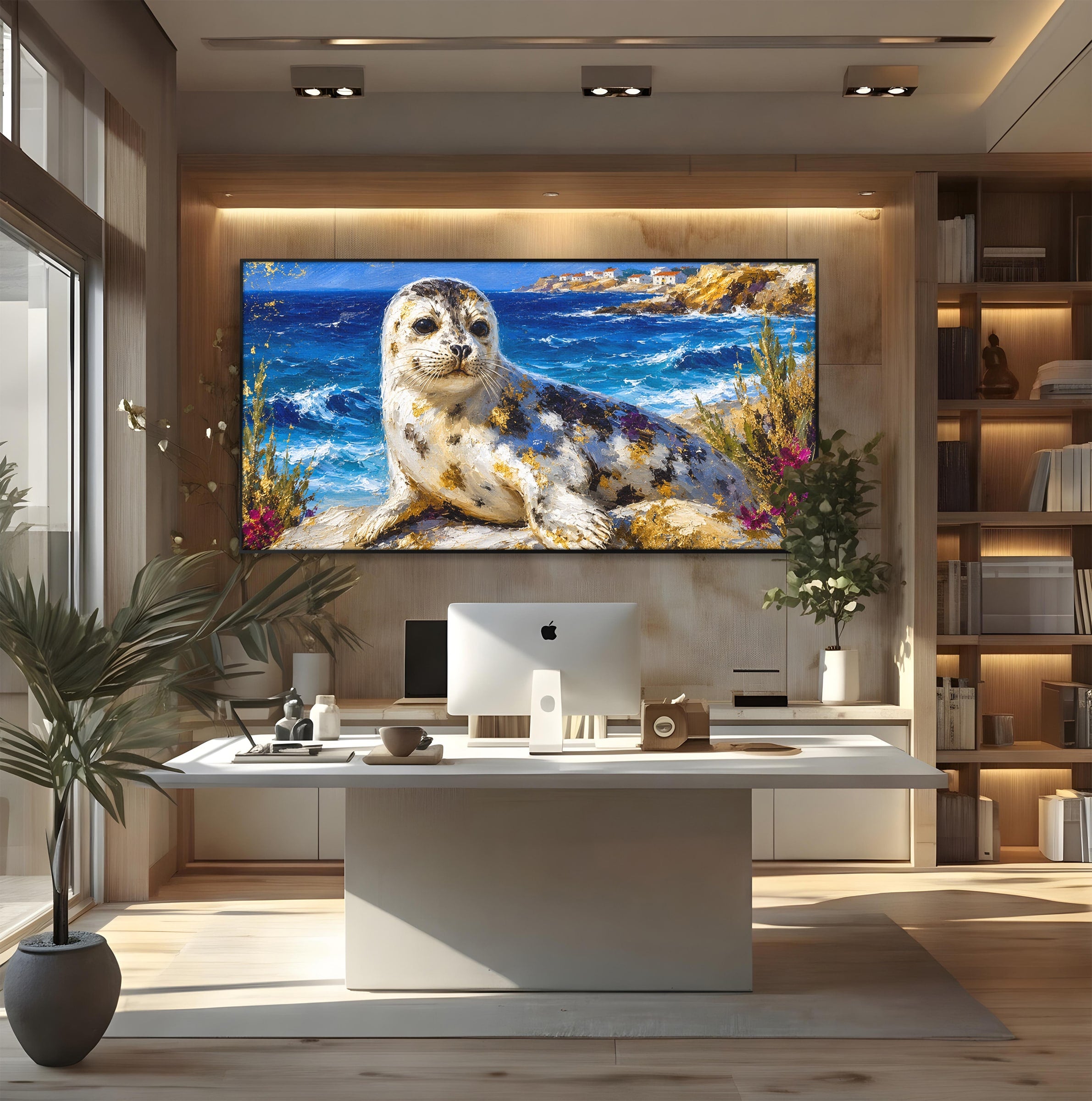 Tablou Canvas Premium LuxCanva® M1605, Foca Pe Tarm, Foca, Mare, Peisaj, Animale, Living, Culori Vibrante
