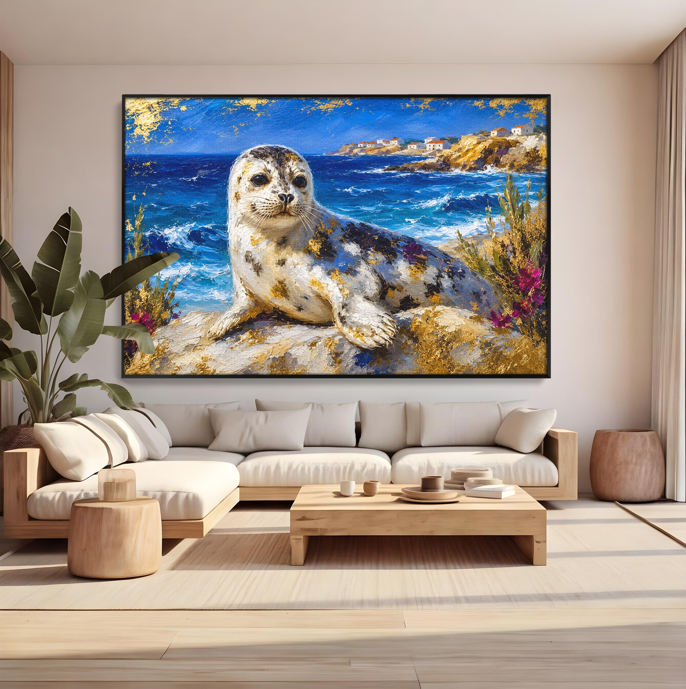 Tablou Canvas Premium LuxCanva® M1605, Foca Pe Tarm, Foca, Mare, Peisaj, Animale, Living, Culori Vibrante