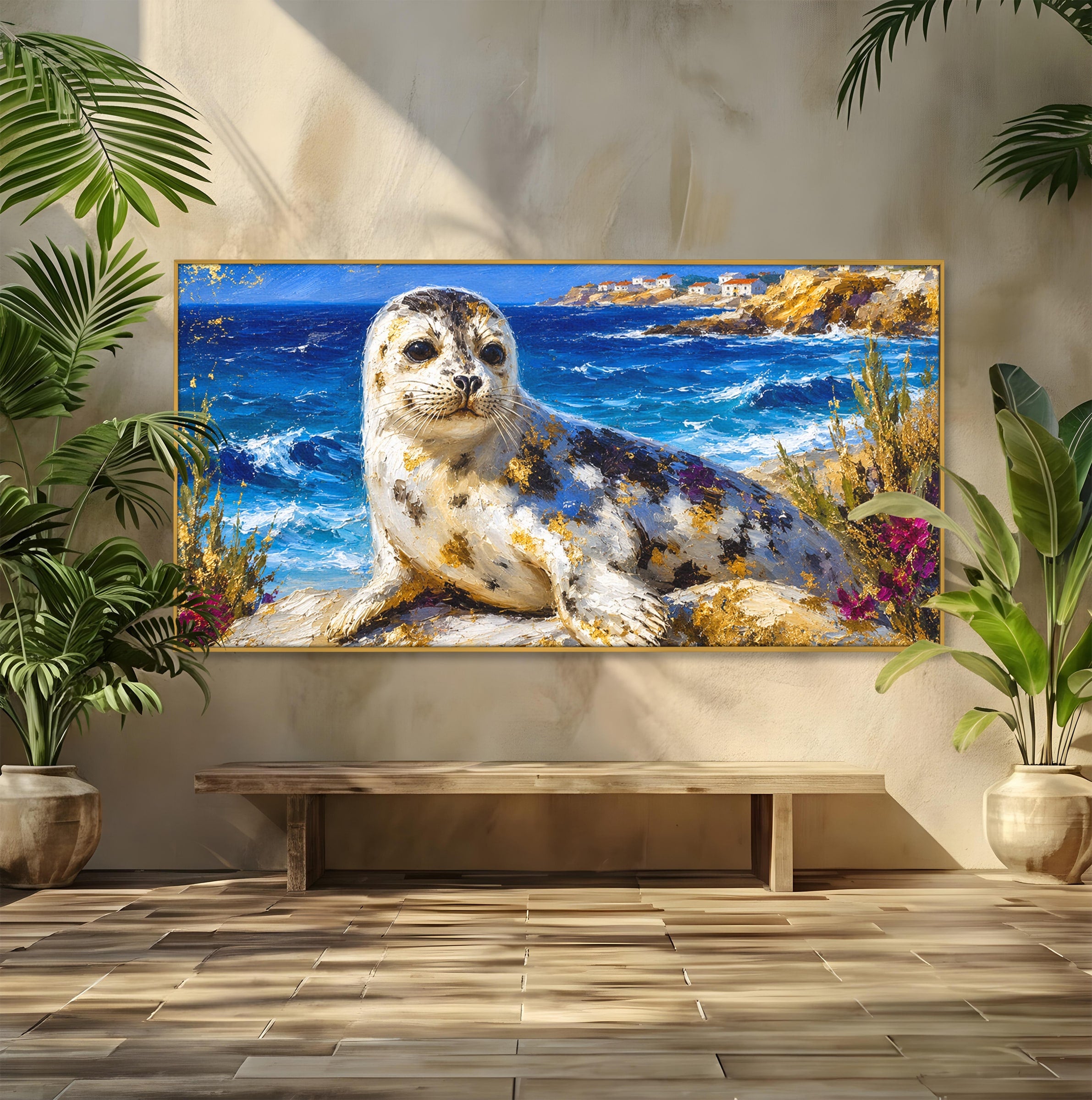 Tablou Canvas Premium LuxCanva® M1605, Foca Pe Tarm, Foca, Mare, Peisaj, Animale, Living, Culori Vibrante