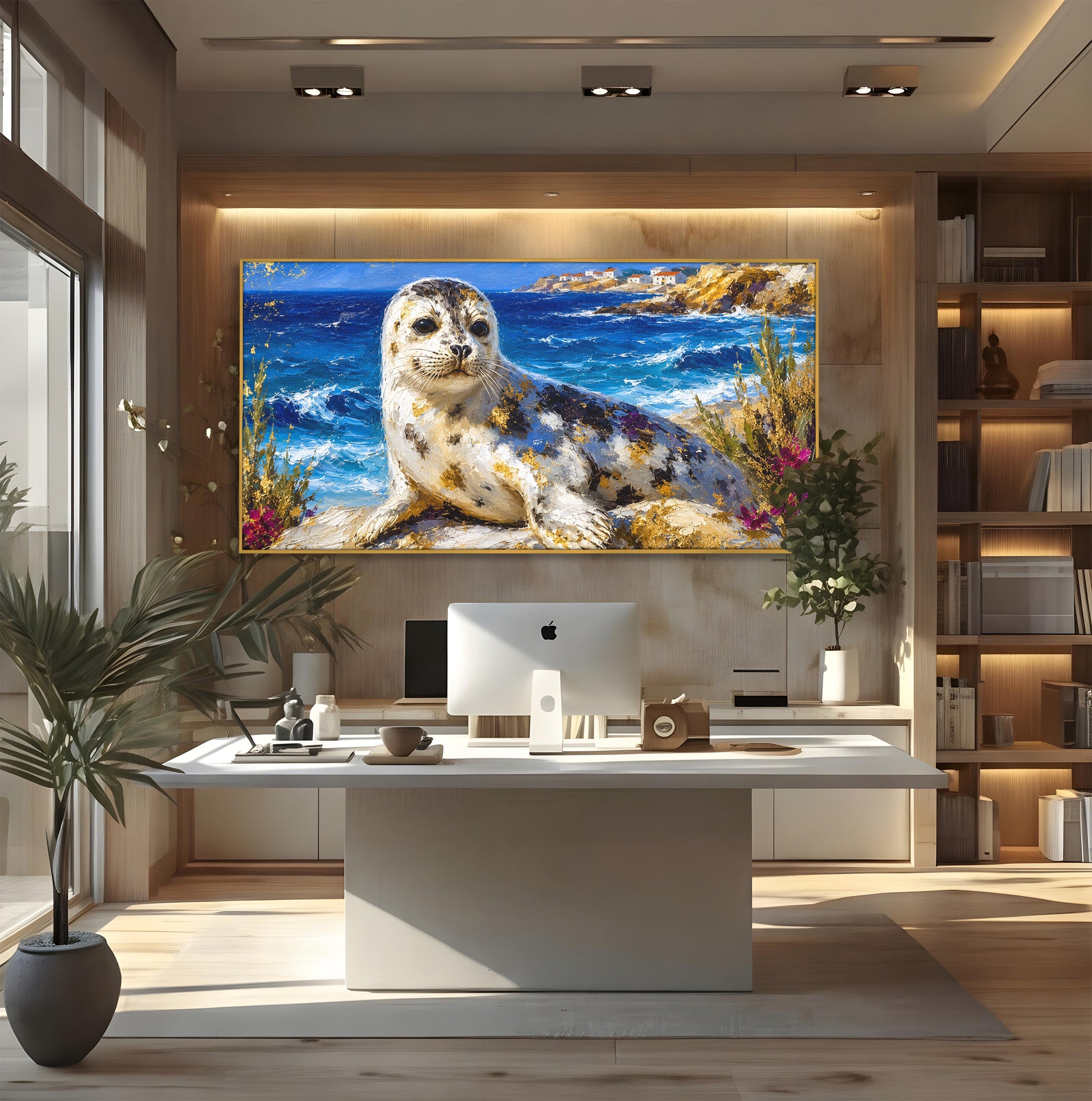 Tablou Canvas Premium LuxCanva® M1605, Foca Pe Tarm, Foca, Mare, Peisaj, Animale, Living, Culori Vibrante