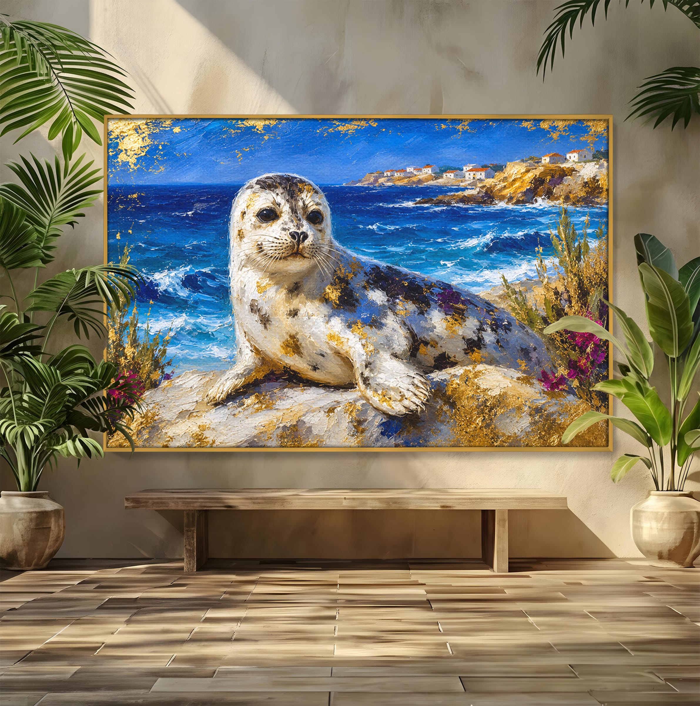 Tablou Canvas Premium LuxCanva® M1605, Foca Pe Tarm, Foca, Mare, Peisaj, Animale, Living, Culori Vibrante