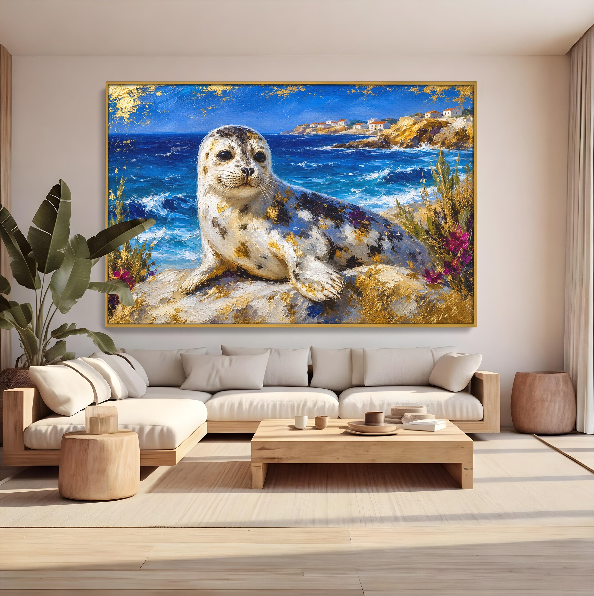 Tablou Canvas Premium LuxCanva® M1605, Foca Pe Tarm, Foca, Mare, Peisaj, Animale, Living, Culori Vibrante
