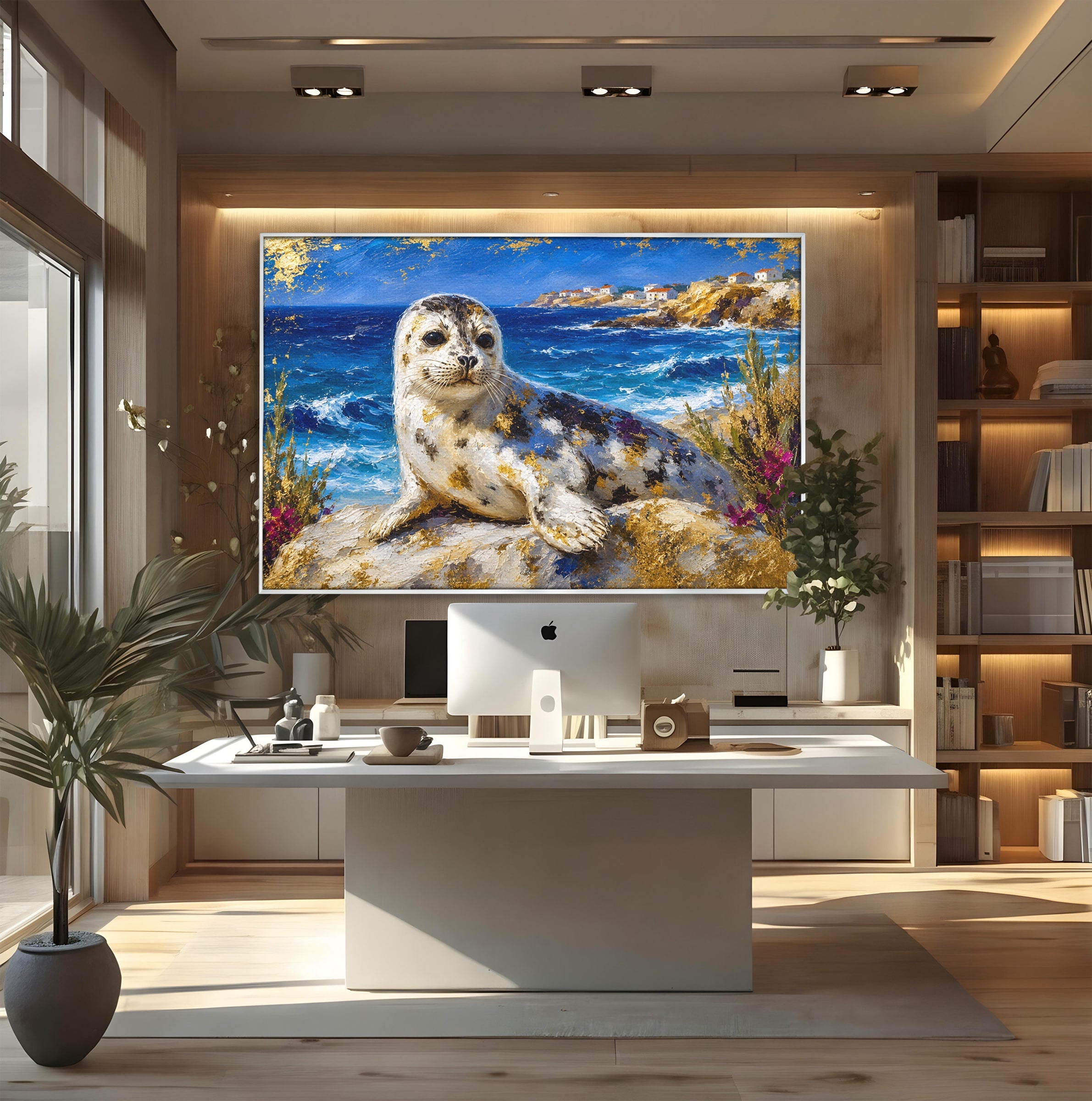 Tablou Canvas Premium LuxCanva® M1605, Foca Pe Tarm, Foca, Mare, Peisaj, Animale, Living, Culori Vibrante