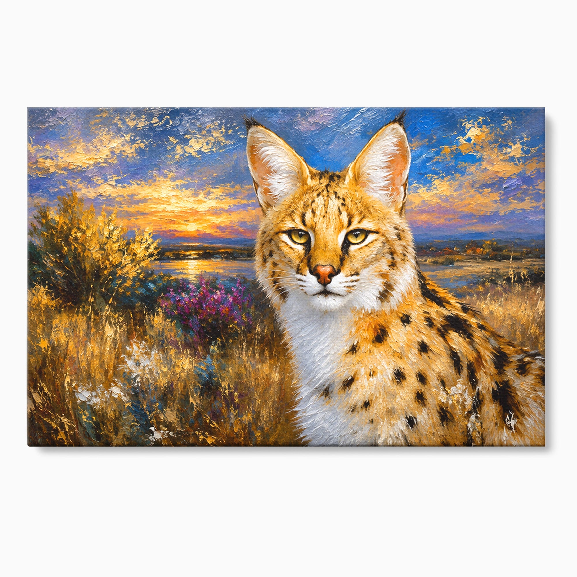 Tablou Canvas Premium LuxCanva® M1607, Serval In Peisaj De Apus, Serval, Apus, Natura, Wildlife, Living, Culori Vibrante