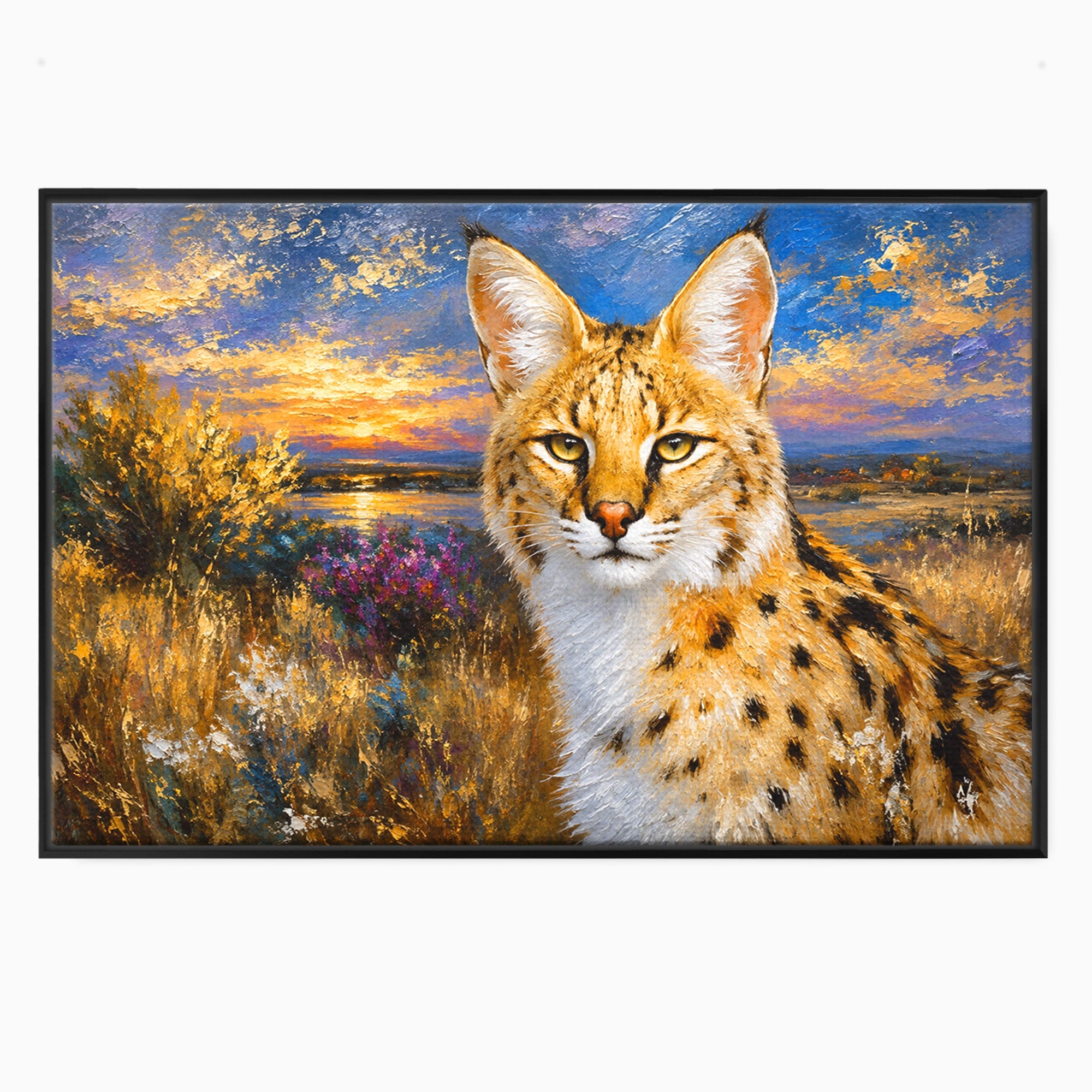Tablou Canvas Premium LuxCanva® M1607, Serval In Peisaj De Apus, Serval, Apus, Natura, Wildlife, Living, Culori Vibrante