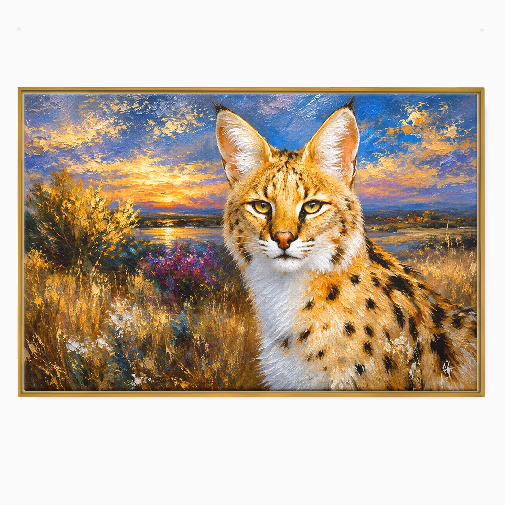 Tablou Canvas Premium LuxCanva® M1607, Serval In Peisaj De Apus, Serval, Apus, Natura, Wildlife, Living, Culori Vibrante