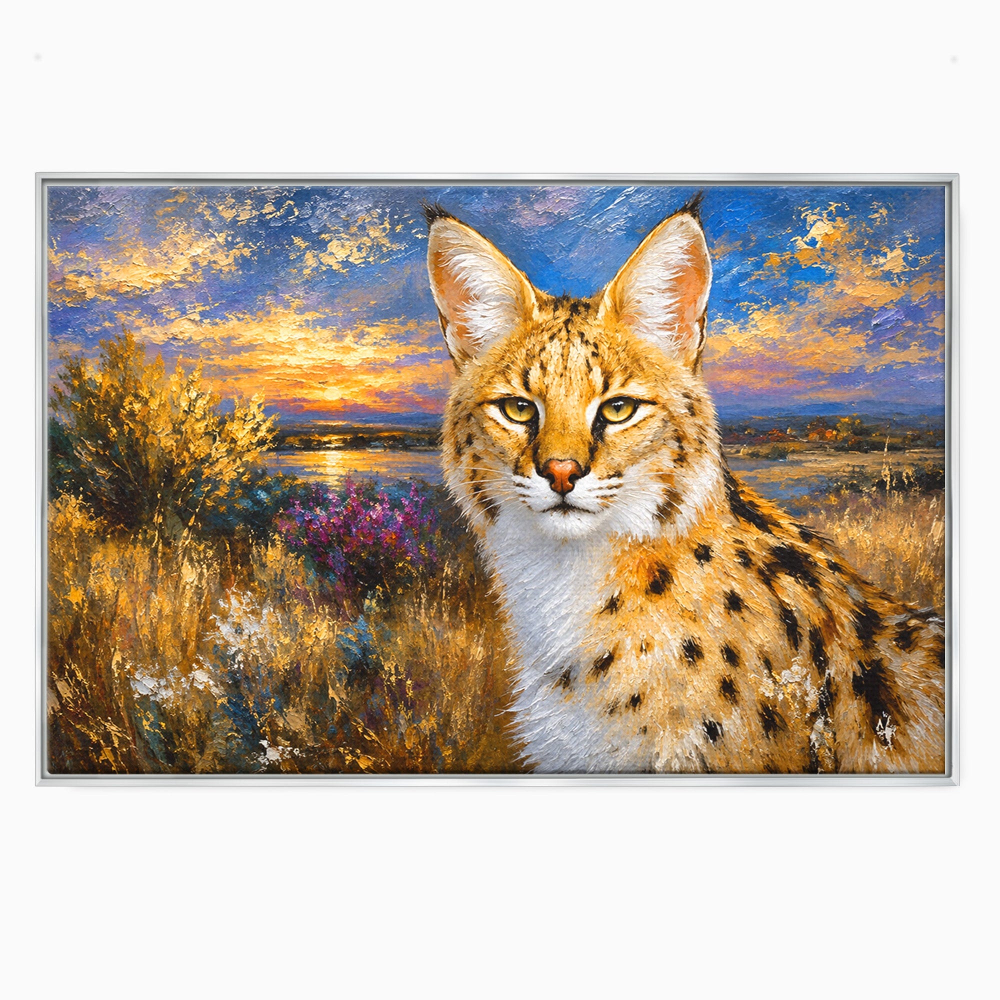 Tablou Canvas Premium LuxCanva® M1607, Serval In Peisaj De Apus, Serval, Apus, Natura, Wildlife, Living, Culori Vibrante