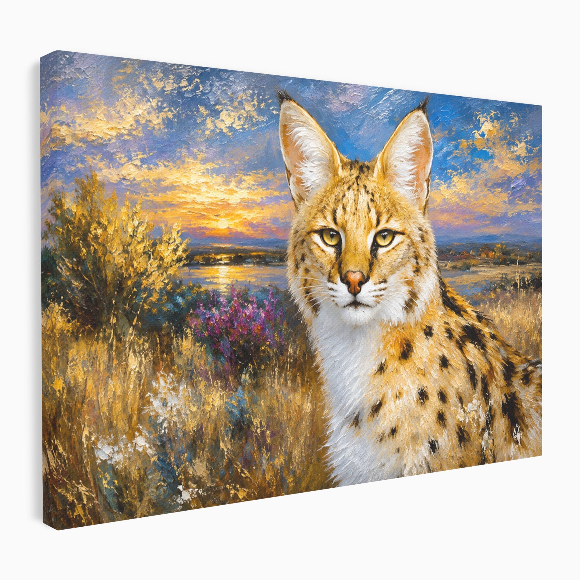 Tablou Canvas Premium LuxCanva® M1607, Serval In Peisaj De Apus, Serval, Apus, Natura, Wildlife, Living, Culori Vibrante