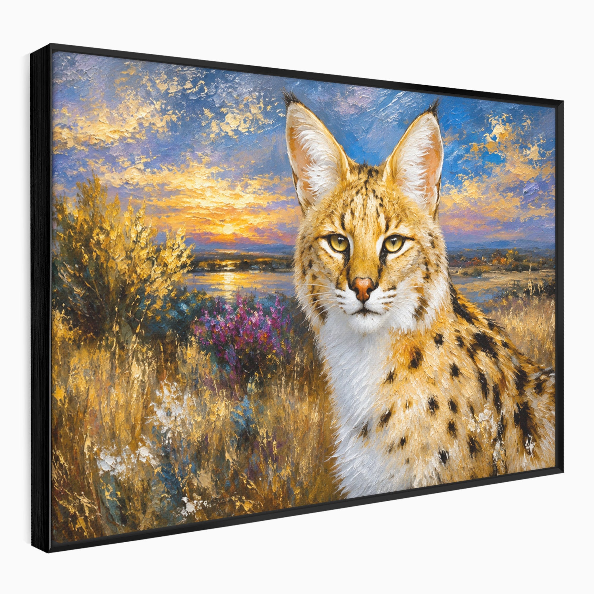 Tablou Canvas Premium LuxCanva® M1607, Serval In Peisaj De Apus, Serval, Apus, Natura, Wildlife, Living, Culori Vibrante