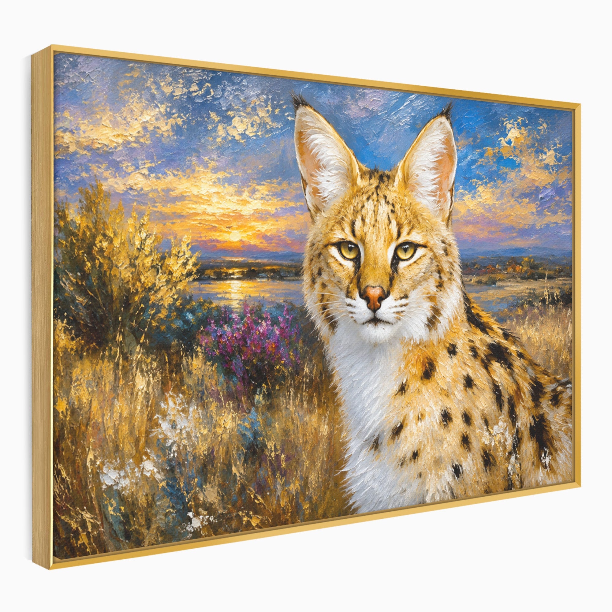 Tablou Canvas Premium LuxCanva® M1607, Serval In Peisaj De Apus, Serval, Apus, Natura, Wildlife, Living, Culori Vibrante