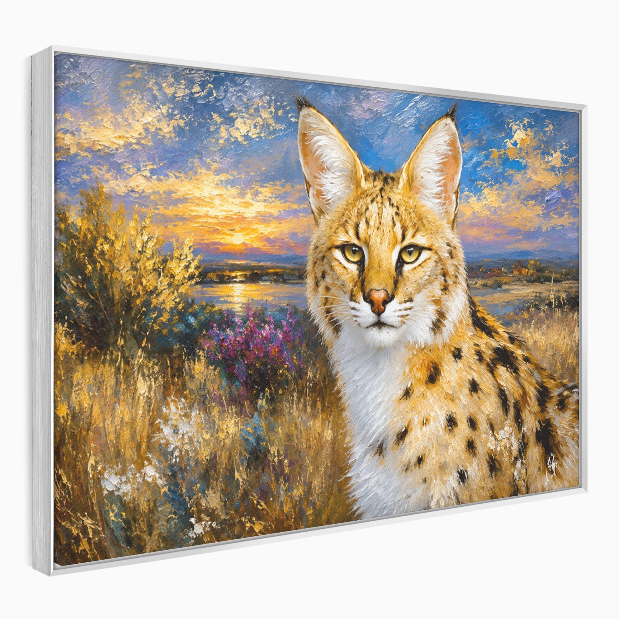 Tablou Canvas Premium LuxCanva® M1607, Serval In Peisaj De Apus, Serval, Apus, Natura, Wildlife, Living, Culori Vibrante