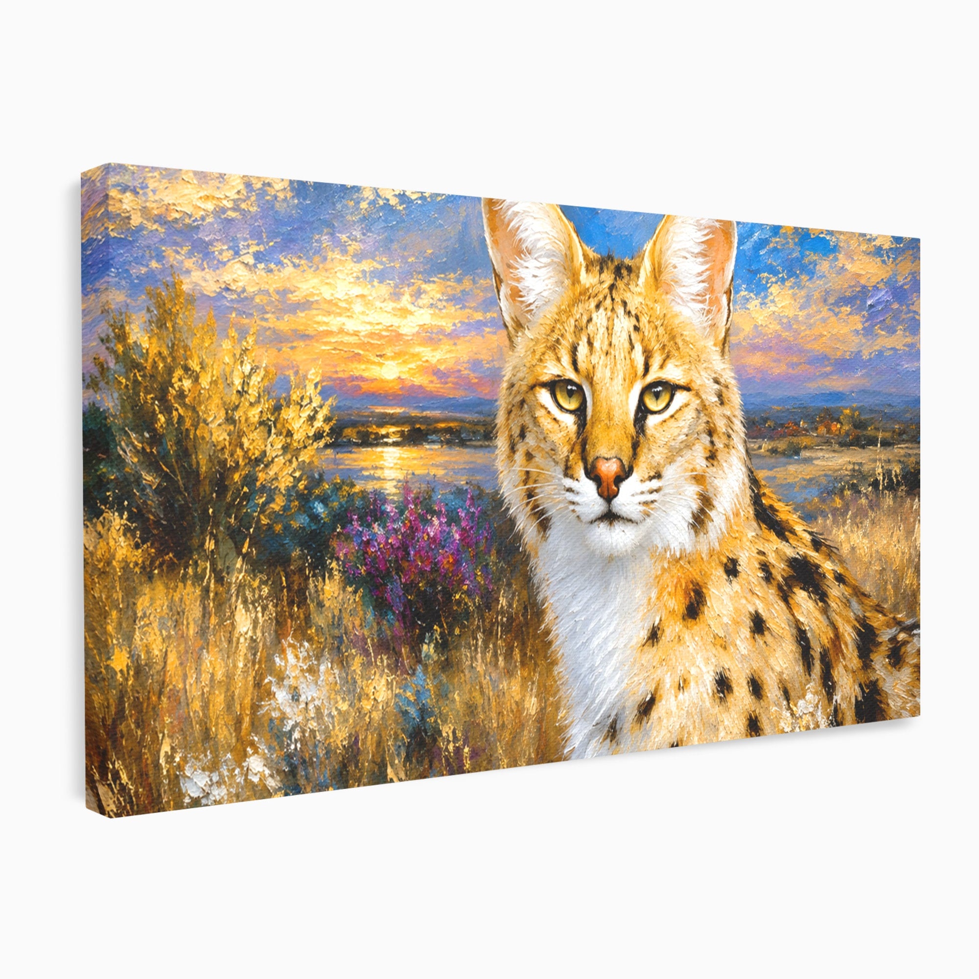 Tablou Canvas Premium LuxCanva® M1607, Serval In Peisaj De Apus, Serval, Apus, Natura, Wildlife, Living, Culori Vibrante