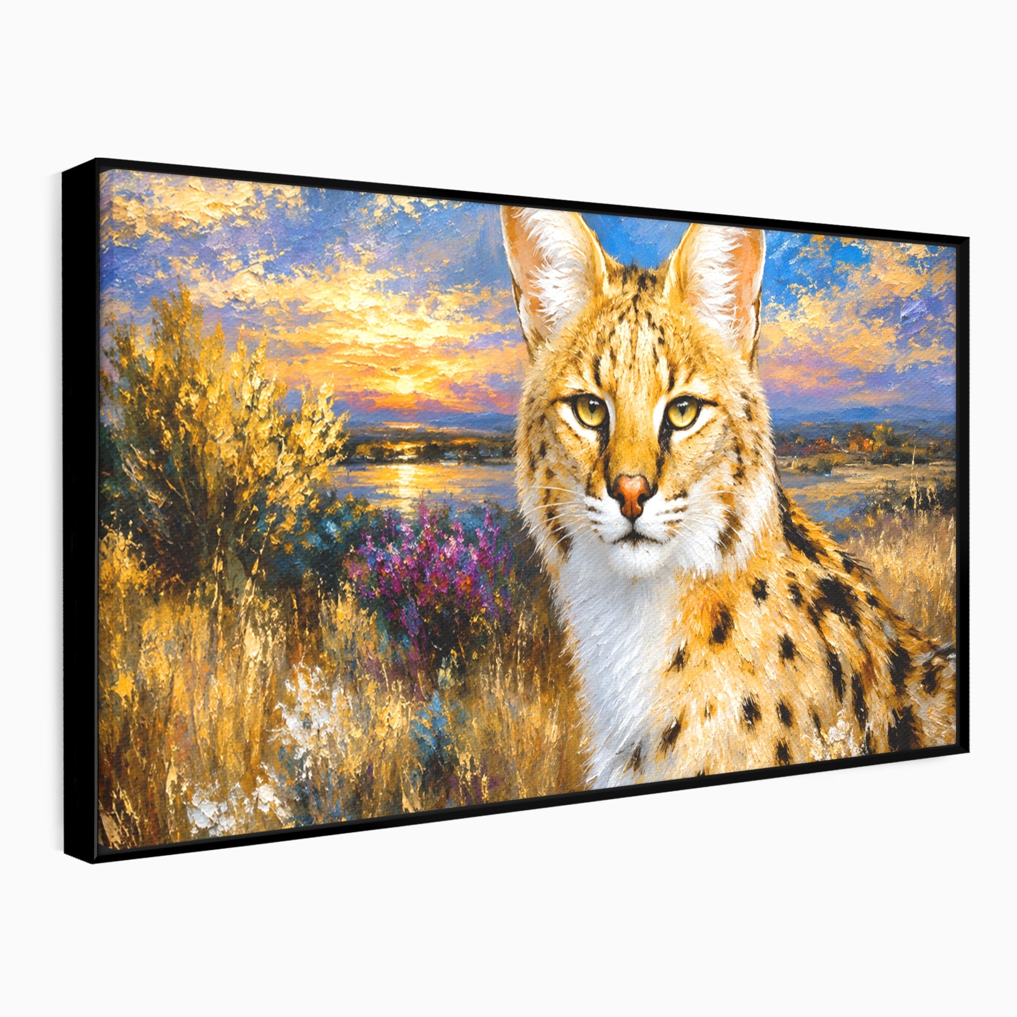 Tablou Canvas Premium LuxCanva® M1607, Serval In Peisaj De Apus, Serval, Apus, Natura, Wildlife, Living, Culori Vibrante