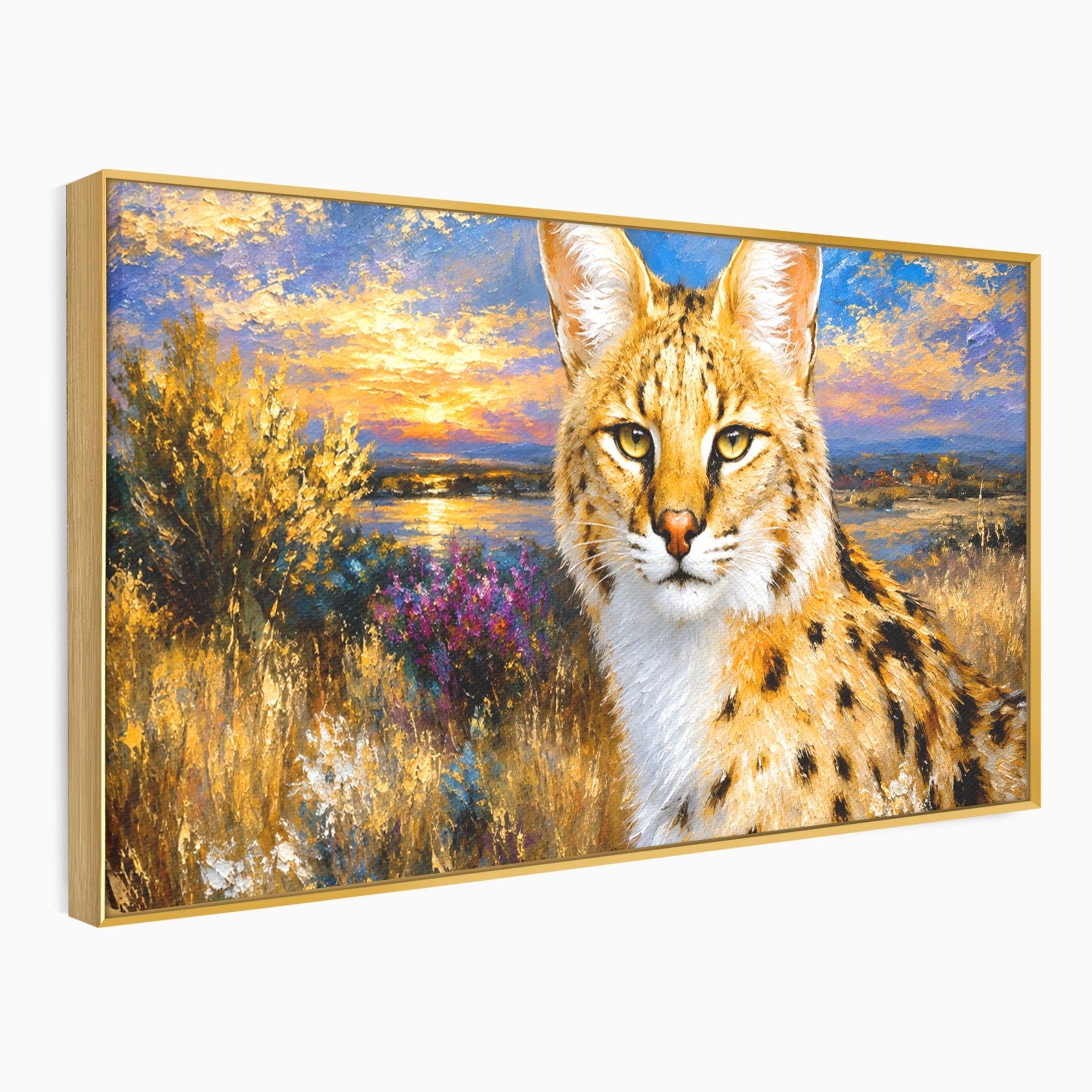 Tablou Canvas Premium LuxCanva® M1607, Serval In Peisaj De Apus, Serval, Apus, Natura, Wildlife, Living, Culori Vibrante